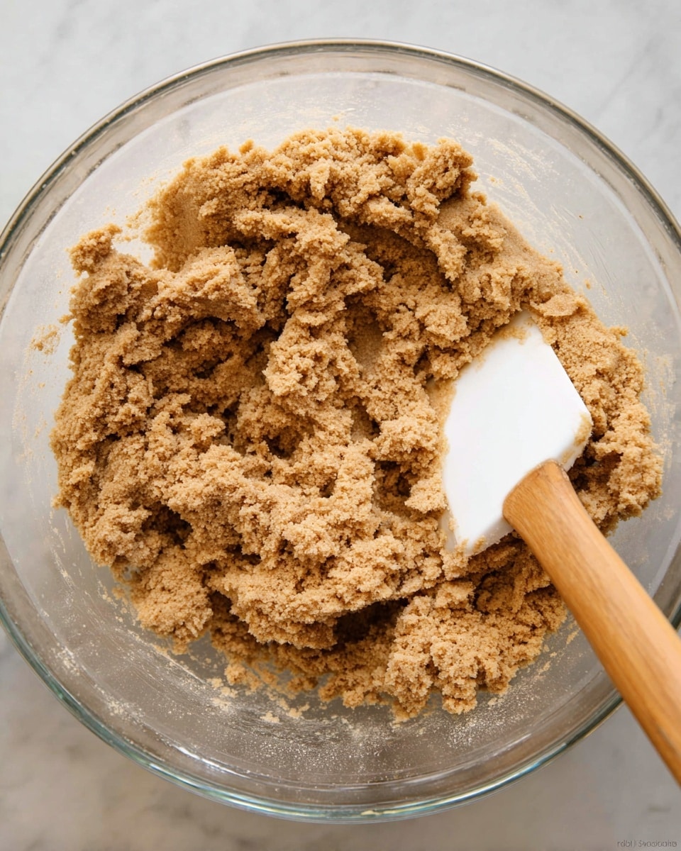 A clear mixing bowl holds a thick, crumbly dough with a light brown color and grainy texture. The dough fills most of the bowl and looks soft but dense. A white spatula with a wooden handle is pressing into the dough on the right side of the bowl, partially covered by the dough. The scene is set on a white marbled surface visible through the clear bowl. photo taken with an iphone --ar 4:5 --v 7