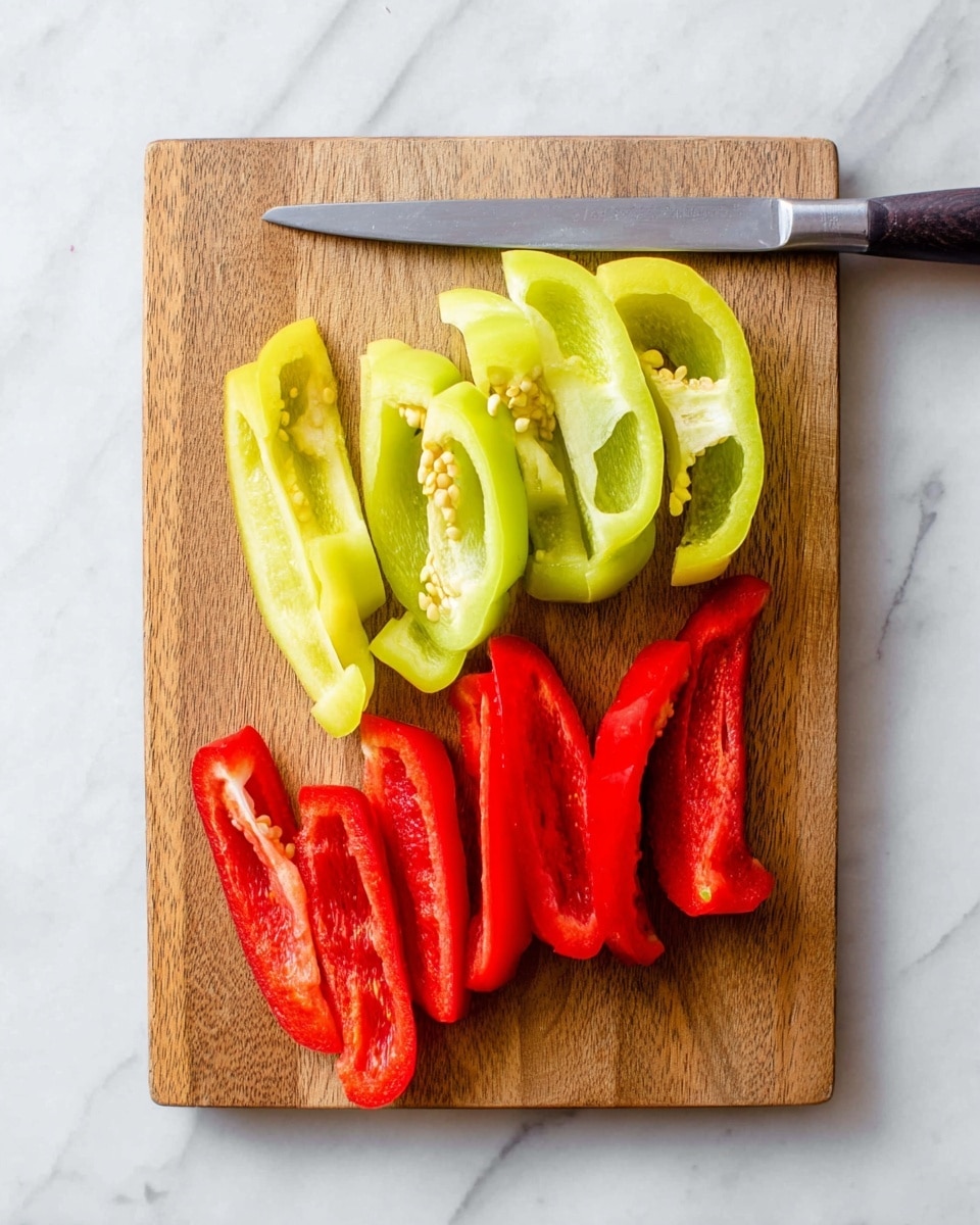 A wooden cutting board is set on a white marbled surface, holding sliced peppers in two colors. On the left, there are four pale yellow-green pepper pieces with visible seeds inside, arranged next to a silver knife with a black handle lying flat. To the right, there are eight bright red pepper slices, also showing seeds inside, neatly lined up. The overall look is fresh and colorful with a clear contrast between the yellow-green and red peppers. Photo taken with an iphone --ar 4:5 --v 7