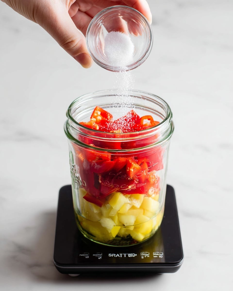 A clear glass jar filled with three layers of chopped peppers sits on a black digital kitchen scale. The bottom layer shows bright red chopped peppers with a rough texture, followed by large pale yellow pepper pieces with a smooth and shiny surface in the middle, and more chopped red peppers around the edges on top. A woman's hand is sprinkling white granulated salt from a small round glass container over the jar, with the white salt particles visibly falling. The scene is set against a white marbled surface. photo taken with an iphone --ar 4:5 --v 7