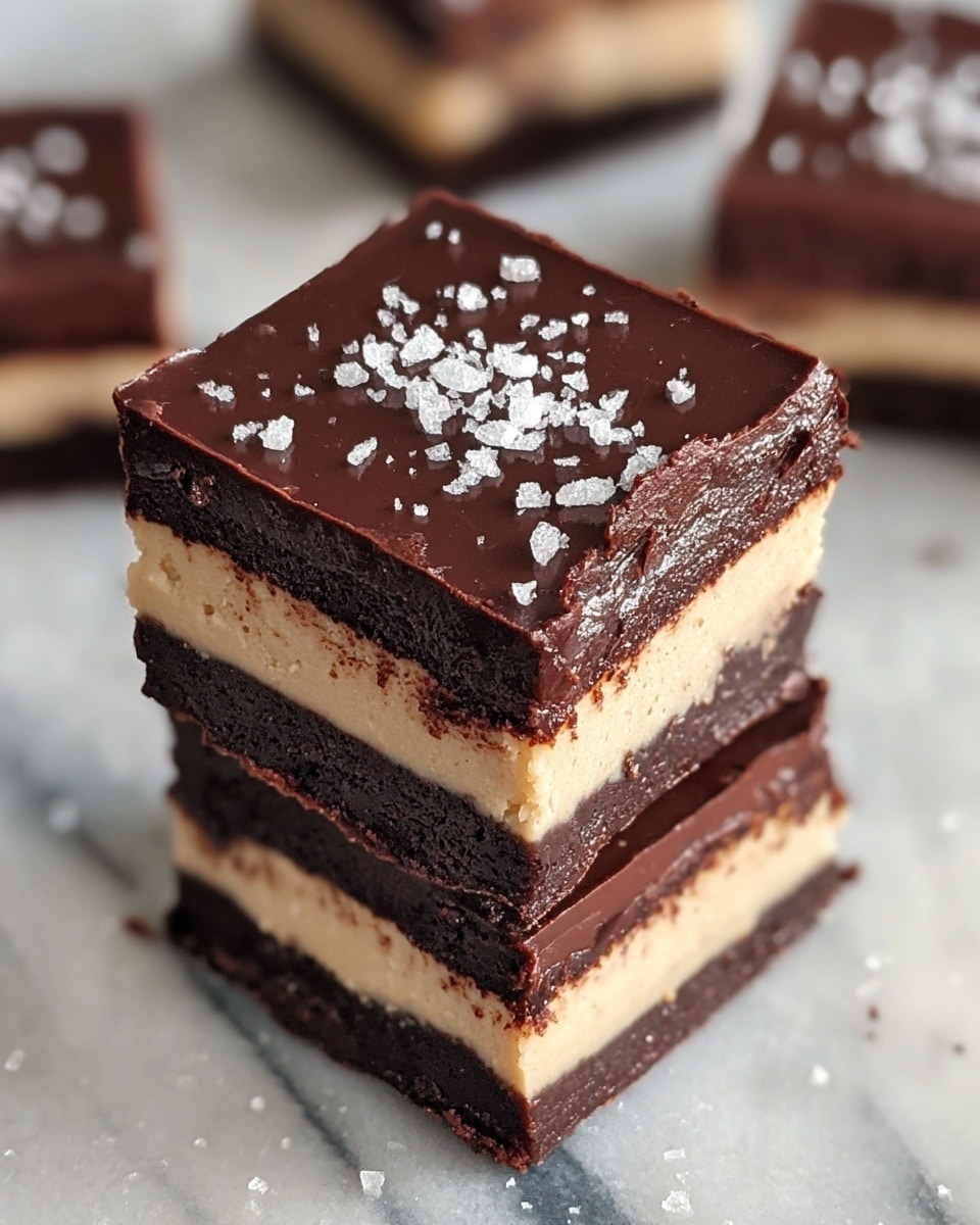 The image shows a stack of three chocolate bars placed on a white marbled surface. Each bar has four layers, starting with a dark brown chocolate base layer that looks moist and rich, followed by a light beige creamy layer in the middle, then another dark chocolate layer similar to the base, and topped with a smooth, glossy dark chocolate layer sprinkled with coarse white sea salt crystals. The bars are neatly cut with sharp edges, and the focus is on the front stack with blurred chocolate pieces visible in the background, photo taken with an iphone --ar 4:5 --v 7