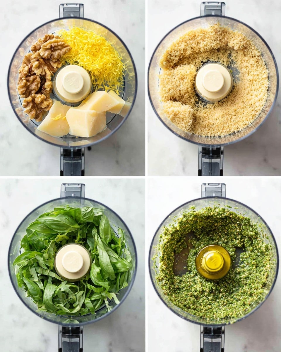 A clear food processor bowl shown in four steps: first, it contains whole walnuts, large chunks of pale yellow cheese, and shredded yellow lemon zest on a white marbled surface; second, the contents are ground into a crumbly light beige mixture; third, fresh bright green basil leaves fill the bowl on the white marbled surface; fourth, a coarse green mixture from the basil is inside the bowl as golden olive oil is poured over it, all captured on a white marbled texture background, photo taken with an iphone --ar 4:5 --v 7