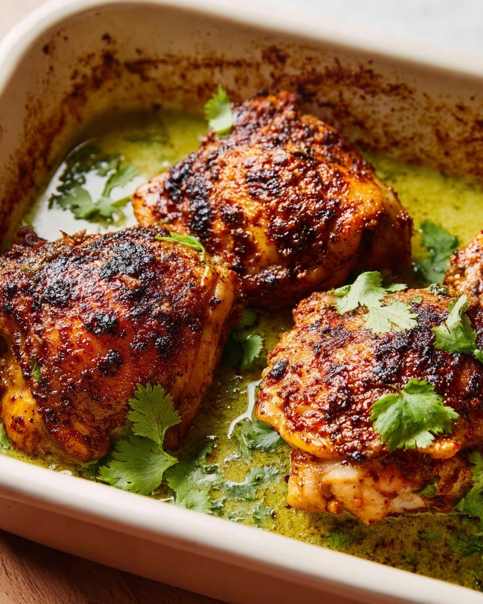Three pieces of cooked chicken thighs with a spicy, dark orange-brown crisp skin are placed side by side in a rectangular white baking dish. Beneath the chicken thighs is a green sauce layer that looks creamy and thick, with some cilantro leaves scattered and partially covered by the chicken. Outer edges of the baking dish show a bit of golden browning, and the white marbled surface underneath the dish is partly visible. photo taken with an iphone --ar 4:5 --v 7