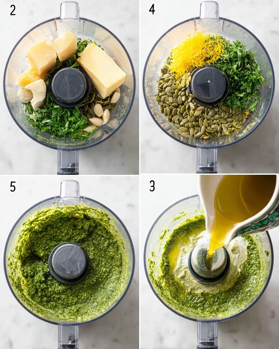 A clear food processor bowl sits on a white marbled surface in four steps: first, solid chunks of light yellow cheese, bright green parsley leaves, pumpkin seeds, and garlic cloves are layered around the center blade, with a sprinkle of yellow lemon zest on top; second, the mixture is finely chopped into a coarse, bright green paste stuck to the sides of the bowl; third, a patterned ceramic pitcher pours golden yellow olive oil into the processor through the top opening; fourth, the blended mixture has a smooth, thick, and slightly chunky bright green texture with bits of cheese and herbs visible all around the blade. photo taken with an iphone --ar 4:5 --v 7