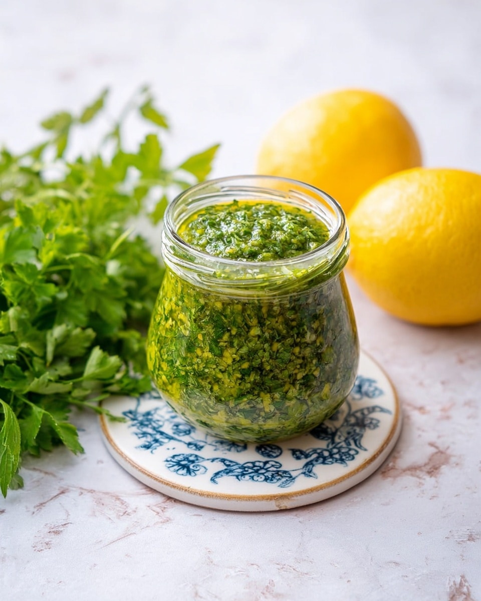 A small clear glass jar filled with a bright green chunky sauce sits on a round white coaster with blue floral patterns. To the left of the jar, there is a bunch of fresh green herbs with leaves spread out, and to the right, two whole yellow lemons are placed side by side. The background and surface have a white marbled texture with soft natural light highlighting the textures and colors. Photo taken with an iphone --ar 4:5 --v 7