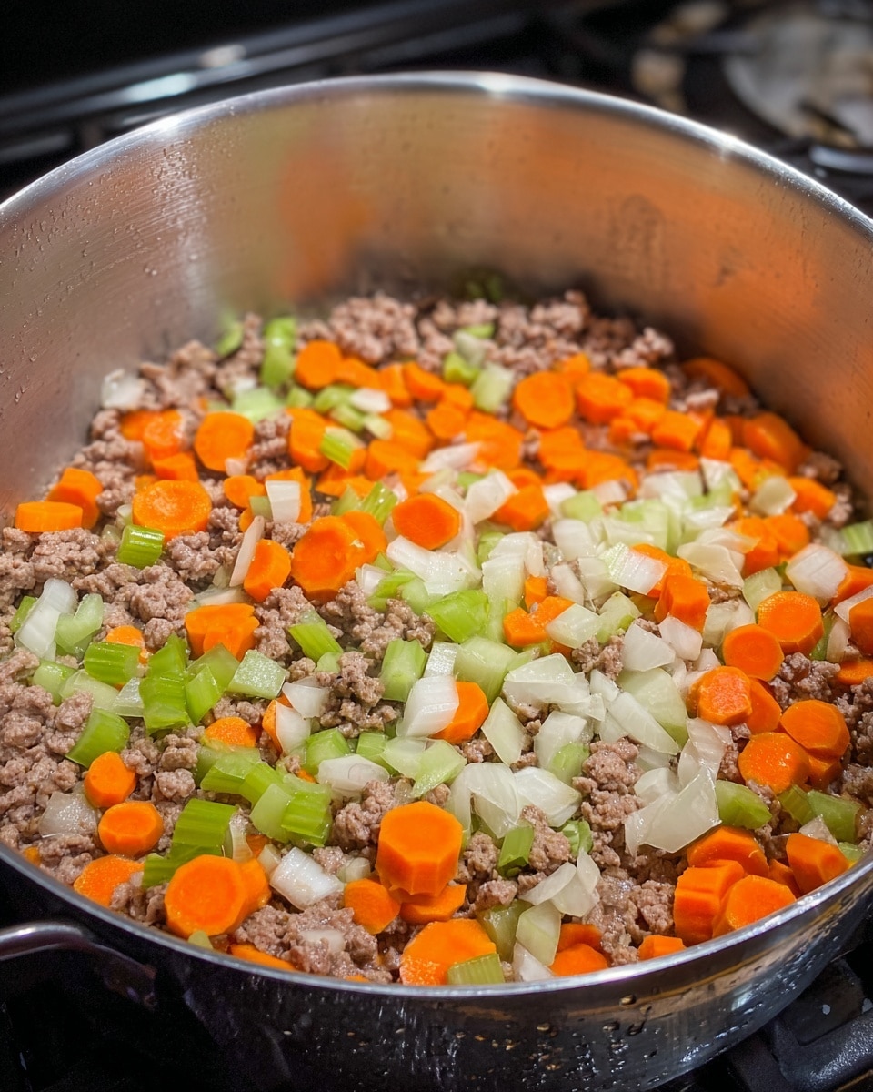 Inside a large silver cooking pot on a stove, there is a colorful mix of food being cooked. The bottom layer contains browned small pieces of ground meat with a slightly crumbled texture in light brown color. Scattered evenly throughout are thin, round slices of bright orange carrots. Alongside the carrots are small chopped pieces of celery, showing a fresh green shade with a crisp texture, and diced white onions appearing soft and translucent. The pot shows some moisture with tiny droplets clinging to the sides, enhancing the fresh cooking look. photo taken with an iphone --ar 4:5 --v 7