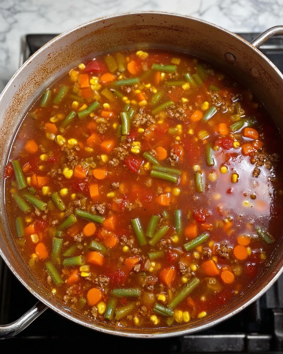A large metal pot filled with a thick vegetable and meat soup sits on a stove. The soup shows one main layer of broth that is reddish-brown and clear, filled with small pieces of orange carrots, yellow corn kernels, green beans cut into short lengths, and small bits of browned ground meat. The vegetables are evenly mixed and floating throughout the broth, with some light shining on the soup’s shiny surface. The pot’s inside rim is stained with a light brown residue showing it has been cooked for a while. The background is a white marbled texture. photo taken with an iphone --ar 4:5 --v 7
