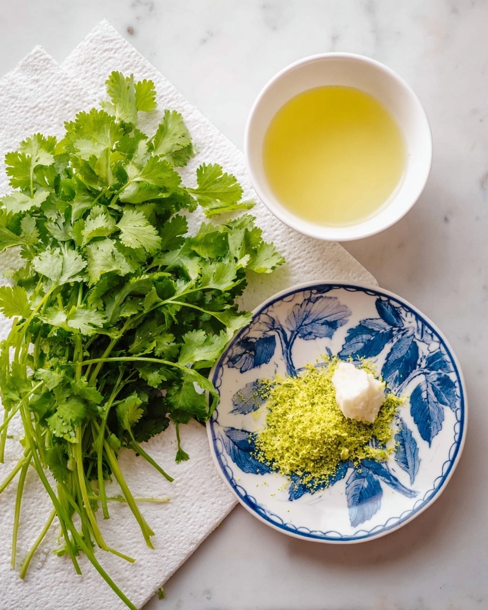 A bunch of bright green cilantro leaves with stems lies on a white paper towel on a white marbled surface to the left of the image. To the right, a small white bowl filled with light yellow liquid is placed above a small white plate with a blue leaf pattern around the edge. The plate holds a pile of finely grated yellow zest and a small dollop of pale cream. photo taken with an iphone --ar 4:5 --v 7