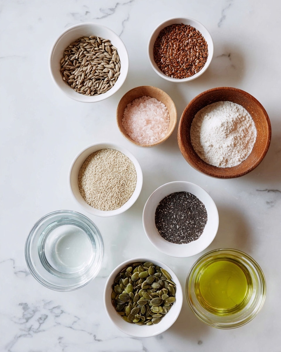 Top view of eight bowls arranged on a white marbled surface, each with different ingredients. Three white bowls at the top hold light brown sunflower seeds (left), reddish-brown flax seeds (right), and pale beige sesame seeds (center). Below them, a wooden bowl contains white salt and light pink salt. To the right, a clear glass bowl has white flour. Lower down, two white bowls show green pumpkin seeds (left) and tiny black chia seeds (right). Two glass bowls on the bottom hold clear water (left) and pale yellow oil (right). Photo taken with an iphone --ar 4:5 --v 7