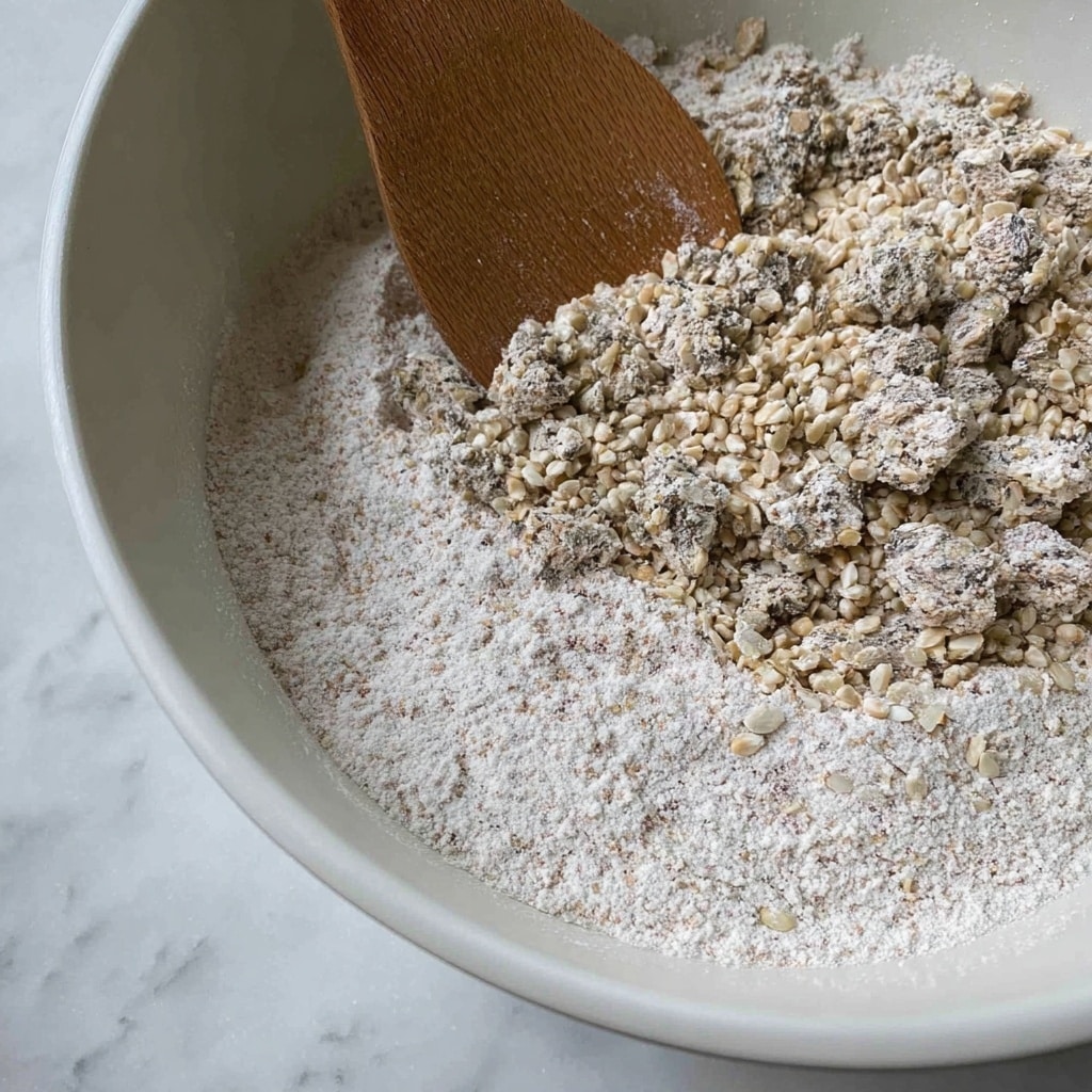 A close-up view of a bowl showing a mixture of dry ingredients. The mixture has two main textures: clusters of small, light beige grains and larger, rough-textured seeds covered in white powder. A wooden spoon with a light brown color is partially submerged in the mixture on the left side. The bowl is white, with a smooth inside edge, and rests on a surface with a white marbled texture. The lighting is soft, making the textures in the mixture clear and detailed. photo taken with an iphone --ar 4:5 --v 7