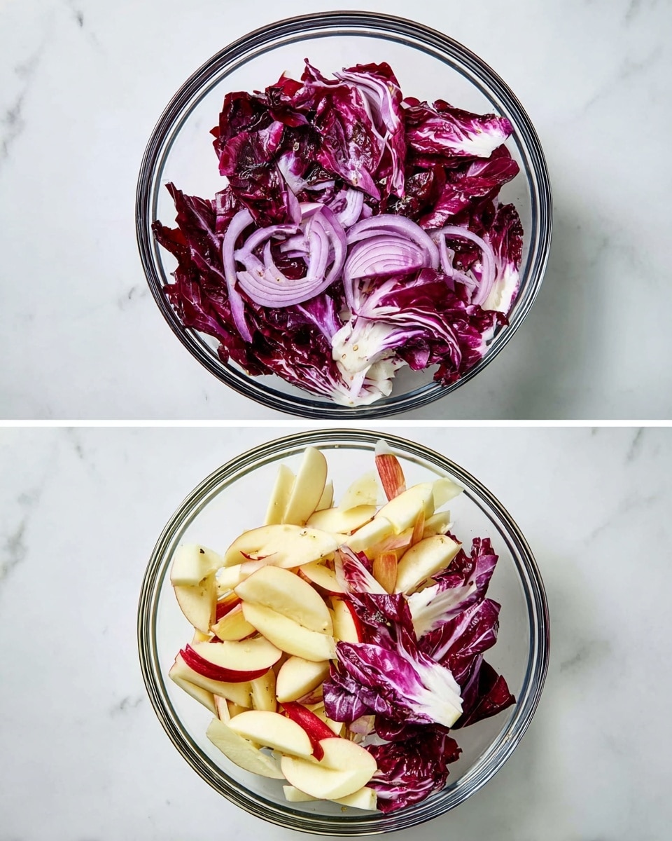 A clear glass bowl sits on a white marbled surface, filled with three layers of fresh ingredients arranged side by side; on the left, deep purple-red radicchio leaves with ruffled edges, in the middle, thin slices of light purple onion with a slightly translucent texture, and on the right, pale yellow apple slices with red edges, long and thin. In the next image, the ingredients are gently mixed together showing the purple-red radicchio leaves more spread out with the apple slices and onion pieces scattered evenly, all glossy and fresh in appearance. Photo taken with an iphone --ar 4:5 --v 7