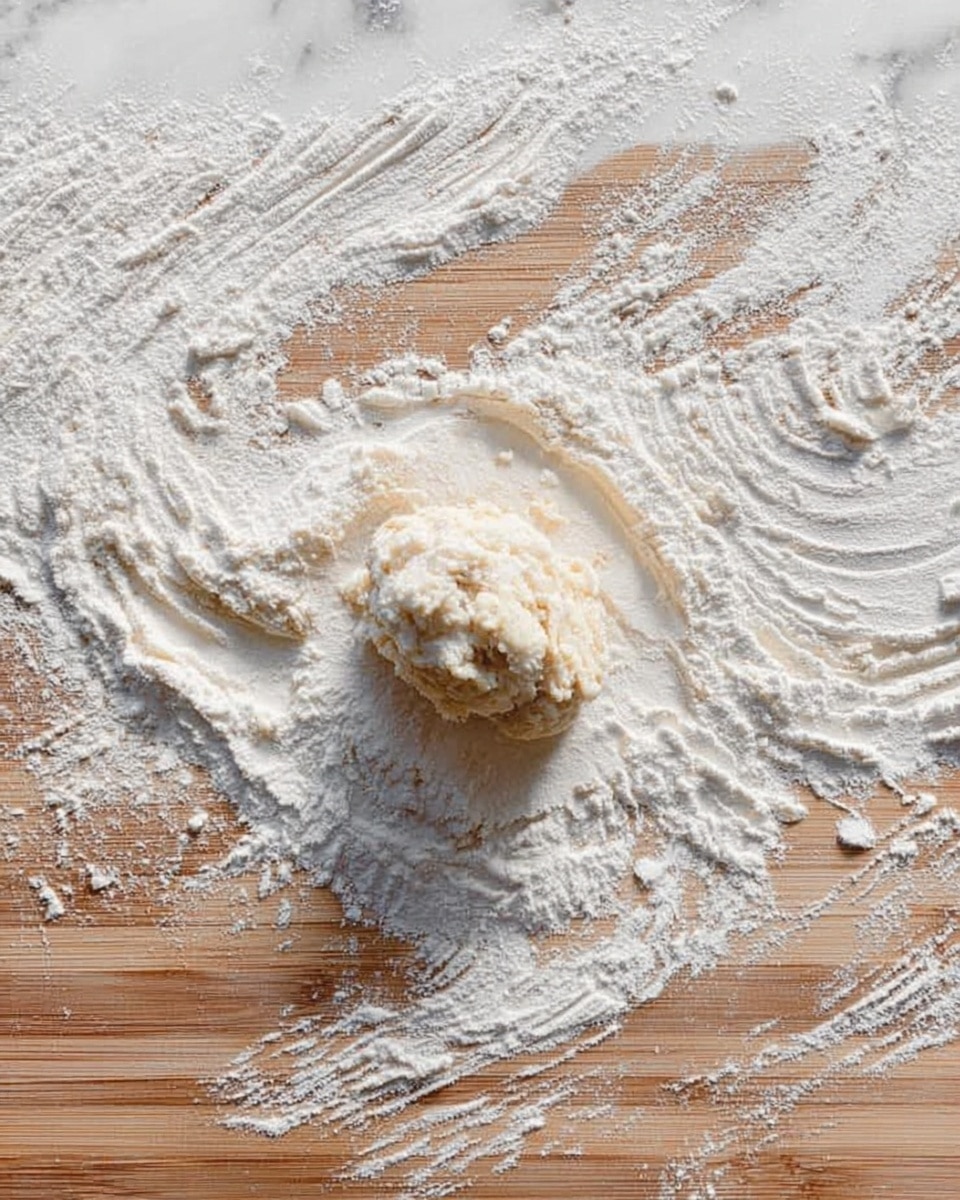 A wooden board is covered with a thin layer of white flour spread unevenly around the surface. In the center, there is a small mound of dough, with a rough texture and slightly creamy color. The background is a white marbled texture. Photo taken with an iphone --ar 4:5 --v 7