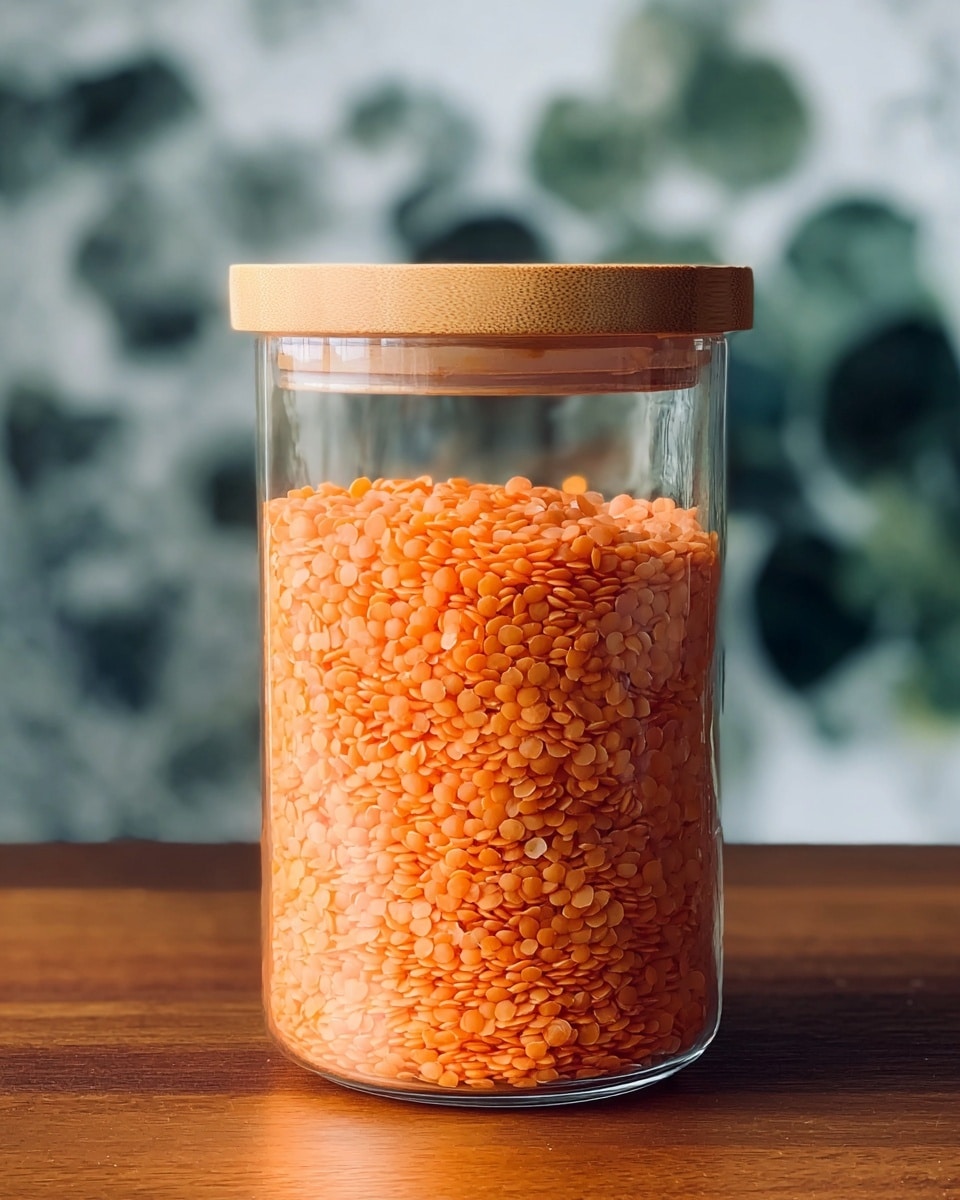 A clear glass jar filled about three-quarters with small, round, orange lentils showing lots of tiny flat textures, topped with a light wooden lid. The jar sits on a wooden surface, with a softly blurred background of green and gray shapes, all set against a white marbled texture. Photo taken with an iphone --ar 4:5 --v 7