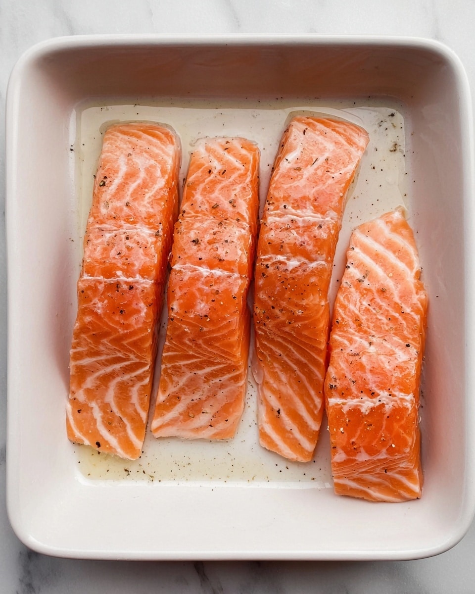 The image shows four raw salmon fillets placed inside a white rectangular dish with a smooth surface. Each fillet is a bright orange color with white marbling lines and is sprinkled lightly with black pepper and a bit of oil visible on the fillets and dish bottom. The fillets are arranged with three longer pieces aligned horizontally from left to right, two near the top and one near the bottom, and one shorter fillet positioned vertically on the right side. The dish sits on a white marbled surface. photo taken with an iphone --ar 4:5 --v 7