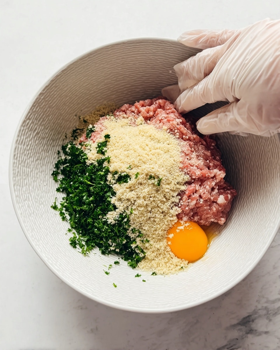 In a large white bowl with a subtle textured pattern, there is a mix of raw pink ground meat as the base layer. On top of this sits a layer of fine, light beige bread crumbs, covering almost half of the meat surface. Around and slightly overlapping the bread crumbs, there are clumps of finely chopped dark green parsley adding a fresh contrast. An orange egg yolk sits partially submerged beneath the bread crumbs near the upper right edge. A woman's hand wearing a white glove is pressing gently on the ingredients, showing the mixing process on a white marbled surface. Photo taken with an iphone --ar 4:5 --v 7