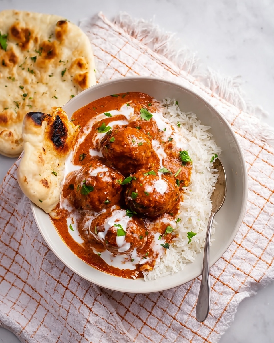 A round white plate set on a white marbled surface holds a serving of cooked white rice at the bottom. On top of the rice are five large, round brown meatballs covered in thick, rich reddish-orange sauce. Swirls and dollops of smooth, white cream mix into the sauce, creating soft white highlights on the meatballs and sauce. Some small green leaves add fresh color on the lower right and upper left edges of the plate. A piece of light beige flatbread with dark toasted spots and bits of chopped green herbs rests on the top left side of the plate, slightly leaning over the meatballs. A silver spoon lies on the right side of the plate next to the food. The scene also includes a white cloth with an orange grid pattern underneath part of the plate. Photo taken with an iphone --ar 4:5 --v 7