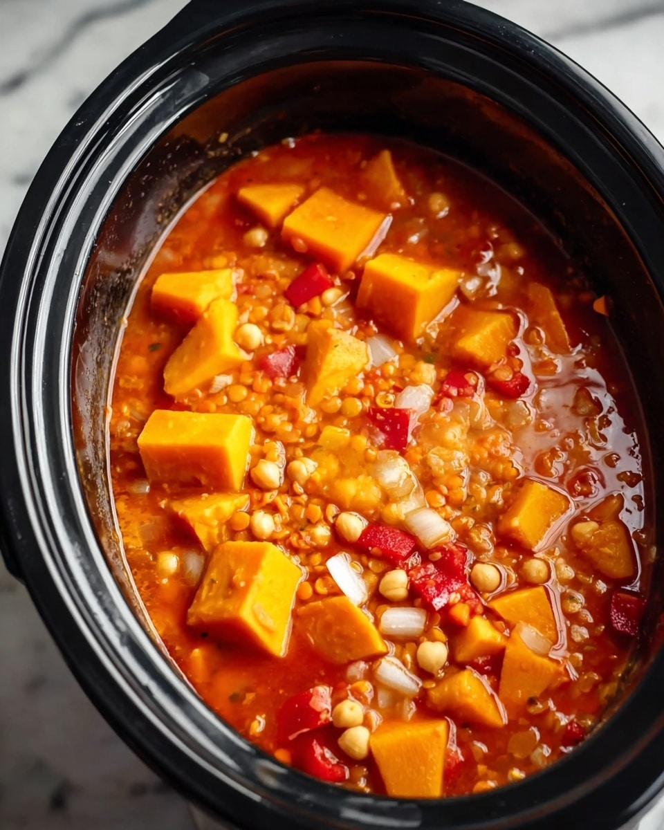 A close-up view of a dark slow cooker filled with a thick orange-red soup containing several layers of ingredients: large bright orange chunks that look like squash, small white round chickpeas, red lentils, white chopped onions, and red bell pepper pieces, all floating in the rich broth with a slightly glossy surface, the slow cooker is on a white marbled surface photo taken with an iphone --ar 4:5 --v 7