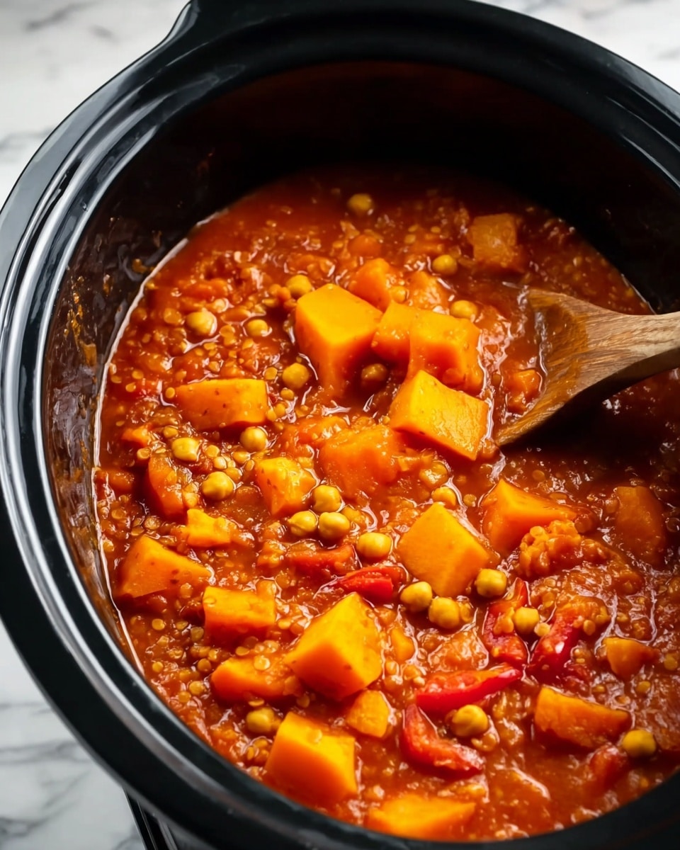 A close-up view of a black slow cooker filled with thick stew, showing large chunks of orange butternut squash, small yellow chickpeas, and red lentils in a rich, glossy, orange-red tomato sauce. Visible in the stew are also small pieces of red bell pepper, with a wooden spoon partially submerged on the right side. The slow cooker sits on a white marbled surface, emphasizing the warm colors of the stew. photo taken with an iphone --ar 4:5 --v 7