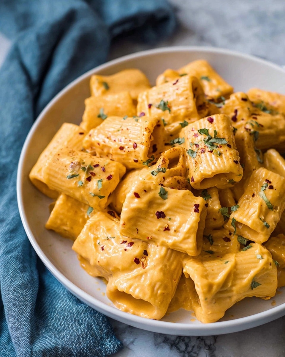A white bowl filled with rigatoni pasta coated in a smooth, creamy orange cheese sauce, with the sauce thickly covering each pasta piece. The pasta has a ridged texture, and the dish is sprinkled with small green herb leaves and tiny red chili flakes. There is some extra sauce visible on the side of the bowl. The background shows a white marbled texture underneath a blue cloth, creating a cozy and inviting scene. Photo taken with an iphone --ar 4:5 --v 7