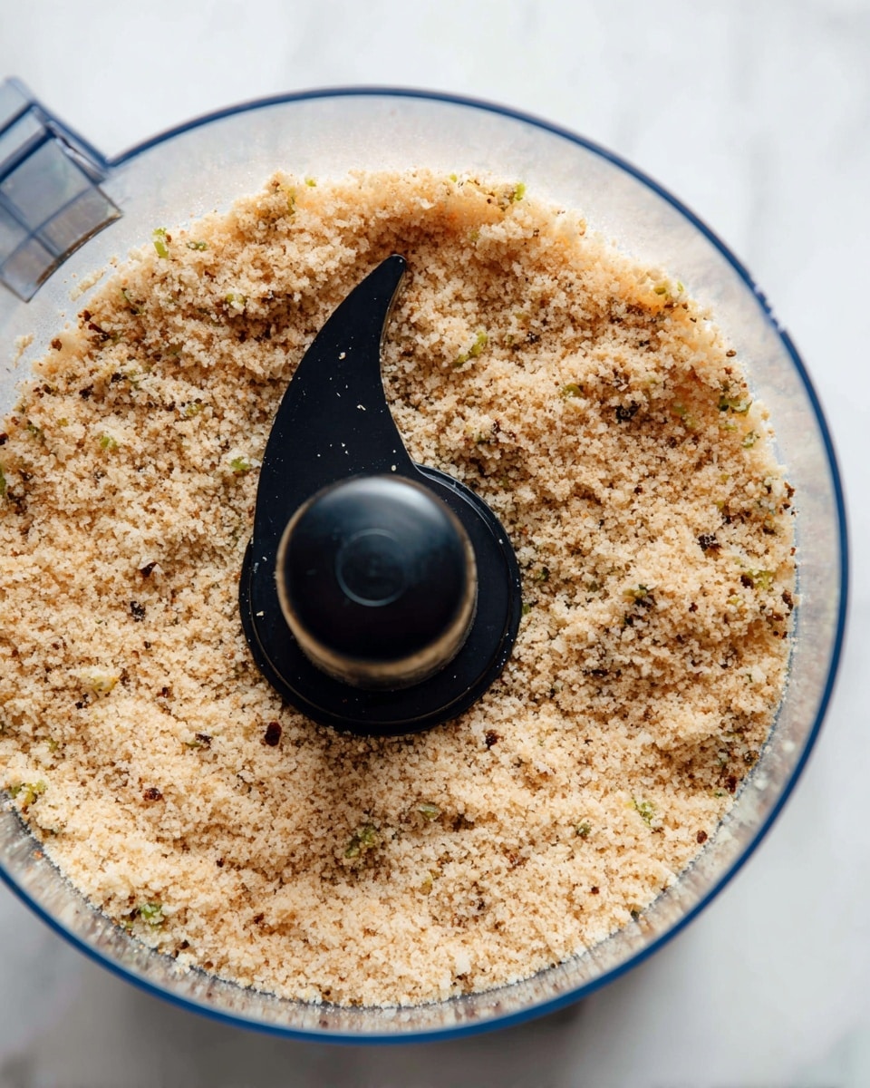 The image shows a food processor bowl with finely ground breadcrumbs inside, filling about half of the clear bowl. The breadcrumbs are light brown with a slightly crumbly texture and small dark green and red specks scattered throughout. The black center blade holder stands upright in the middle, contrasting with the soft texture and color of the breadcrumbs. The food processor is placed on a white marbled surface, visible at the bottom. photo taken with an iphone --ar 4:5 --v 7