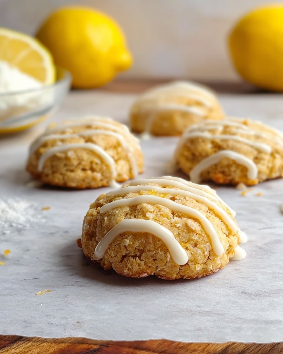 The image shows four rough, round, golden-brown cookies with a crumbly texture placed on a white marbled surface lined with white paper. Each cookie has small lines of white icing dripped on top in thin stripes. In the background, there is half a lemon on the left side, a bowl filled with white crumbs slightly out of focus, and a whole lemon on the right. The surface and all objects are well lit with soft natural light, highlighting the texture of the cookies and the smooth lemons. photo taken with an iphone --ar 4:5 --v 7