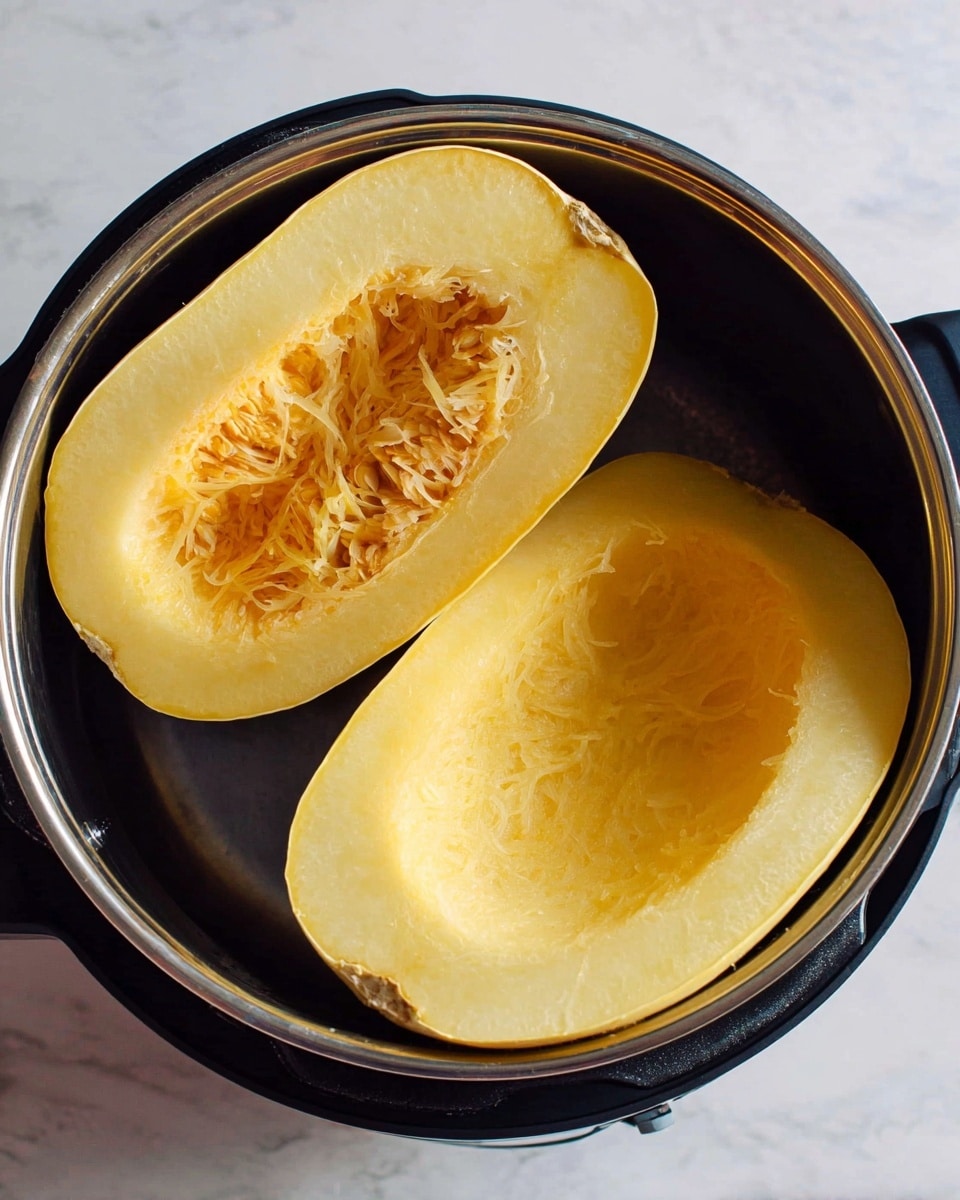 Two halves of a peeled spaghetti squash are placed inside a black cooking pot with a shiny metal interior. The squash is pale yellow with a smooth texture on the outer edges and stringy, fibrous light orange-yellow flesh in the center where the seeds were removed. The pot is set against a white marbled surface. Photo taken with an iphone --ar 4:5 --v 7