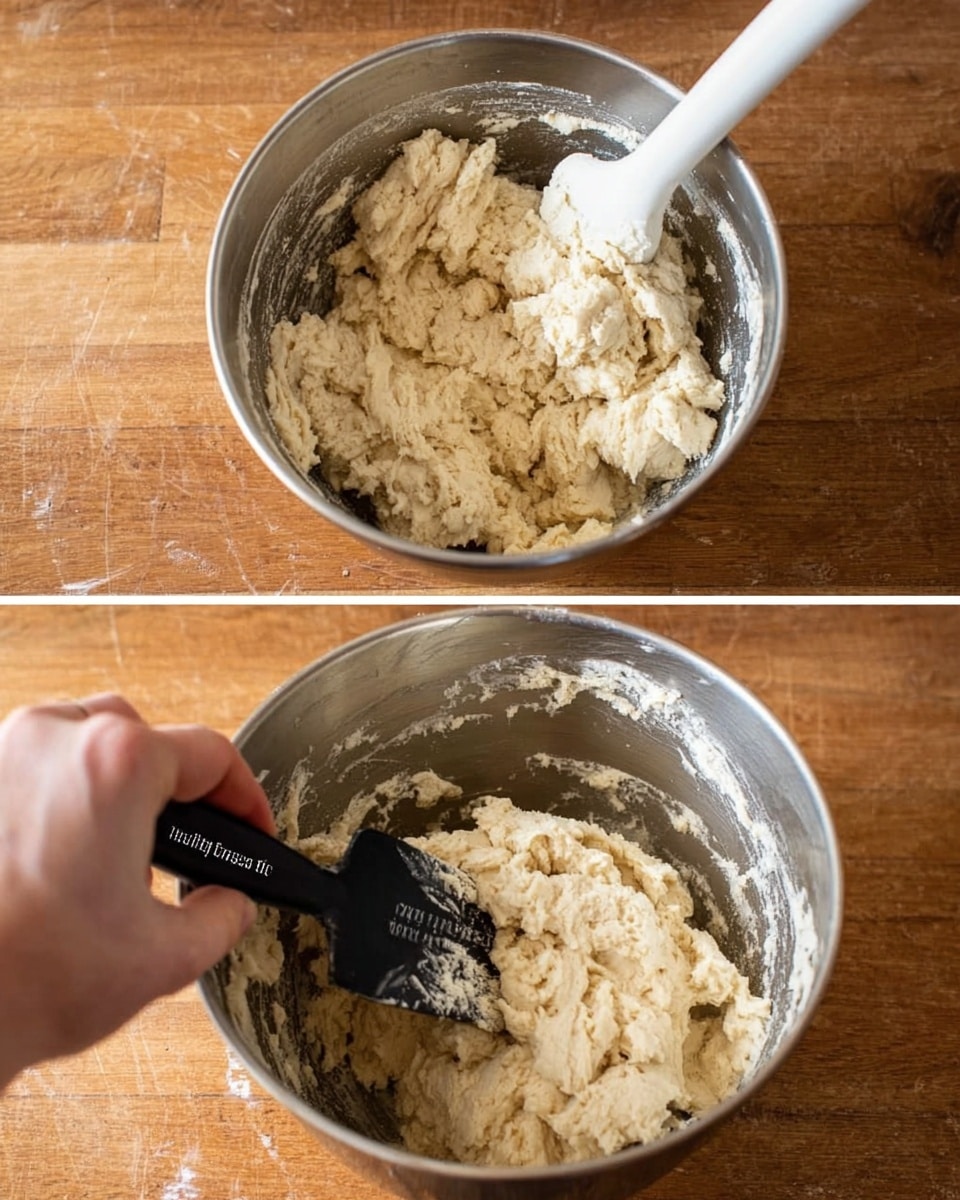 The image shows two layers of photos of dough being mixed in a silver metal bowl on a wooden surface. In the top photo, thick dough with a lumpy, rough texture and pale beige color fills the bowl with a white mixing paddle inside. In the bottom photo, a woman's hand holds the bowl steady as a black spatula with white text scrapes the pale beige, softer dough that looks slightly smoother but still dense. The bowl's interior shows some dough sticking to the sides. Photo taken with an iphone --ar 4:5 --v 7