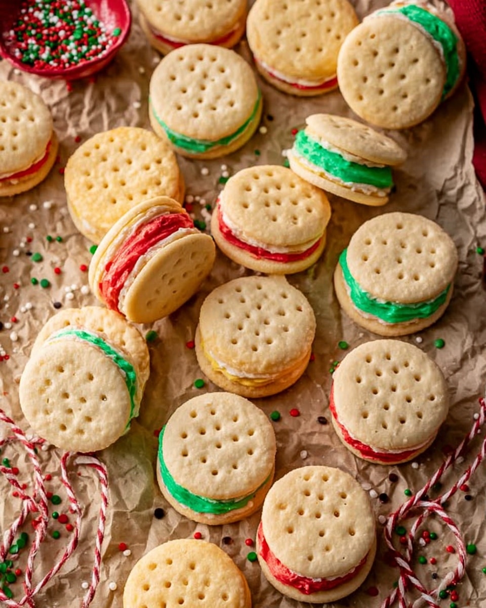The image shows many small, round sandwich cookies with two light golden cookie layers on each, slightly textured with small holes on top. Between the cookies are thick layers of colorful frosting in red, green, and pale yellow. The cookies lie scattered on a crumpled light brown paper with some colorful sprinkles around them, including red, green, white, and black dots and stripes. The setup hints at a festive theme with red and white striped strings twisted among the cookies. photo taken with an iphone --ar 4:5 --v 7
