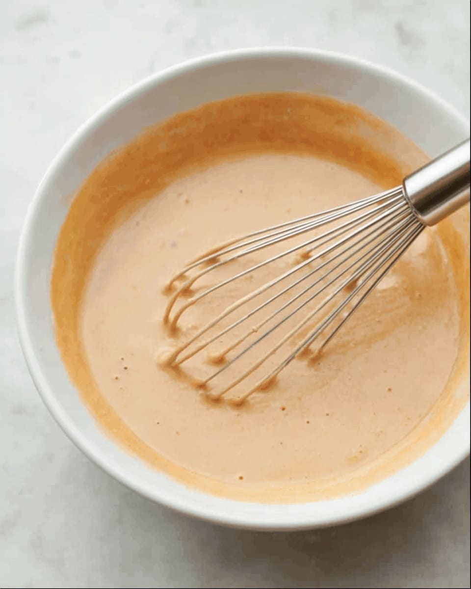 A white bowl filled with a smooth, creamy light brown batter, with a shiny metal whisk resting inside, the batter clinging slightly to the whisk's wires. The bowl sits on a white marbled surface which adds a soft texture in the background. The batter has a thick but fluid consistency with a uniform color and slight bubbles on the surface. Photo taken with an iphone --ar 4:5 --v 7