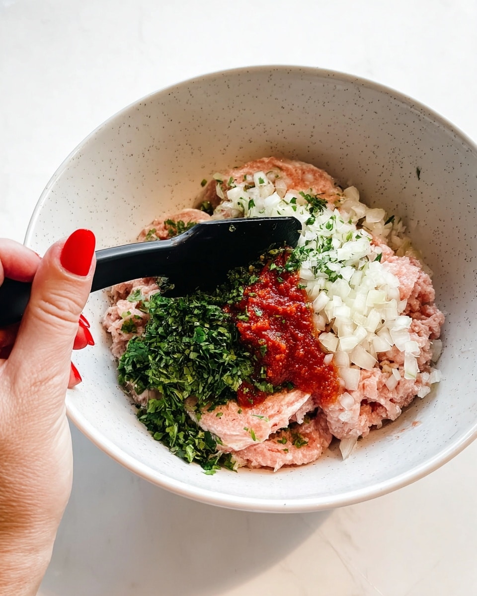 In a white bowl with some light brown spots, there is a thick mixture that is mostly light orange with flecks of green herbs and small bits of red. The texture looks soft and slightly chunky. A black spatula is touching the mixture, held by a woman's hand with red nail polish. The bowl is placed on a white marbled surface. photo taken with an iphone --ar 4:5 --v 7