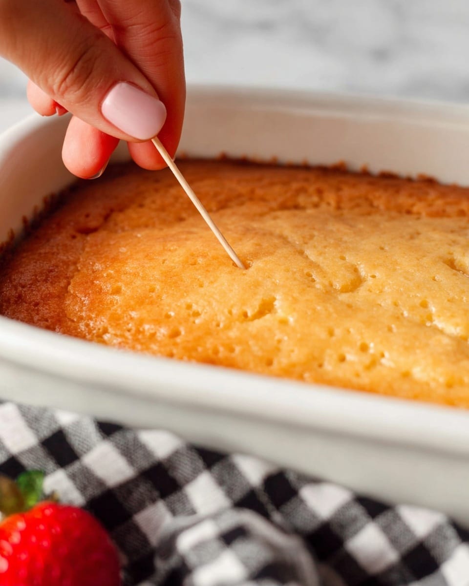 A close-up view shows a golden-brown baked cake with a smooth, slightly bumpy top layer filling a white baking dish. A woman's hand is holding a toothpick inserted into the cake near the corner, testing its texture. The dish sits on a black and white checkered cloth, and a bright red strawberry is partially visible in the bottom left corner, adding a pop of color. The background is a white marbled texture. photo taken with an iphone --ar 4:5 --v 7