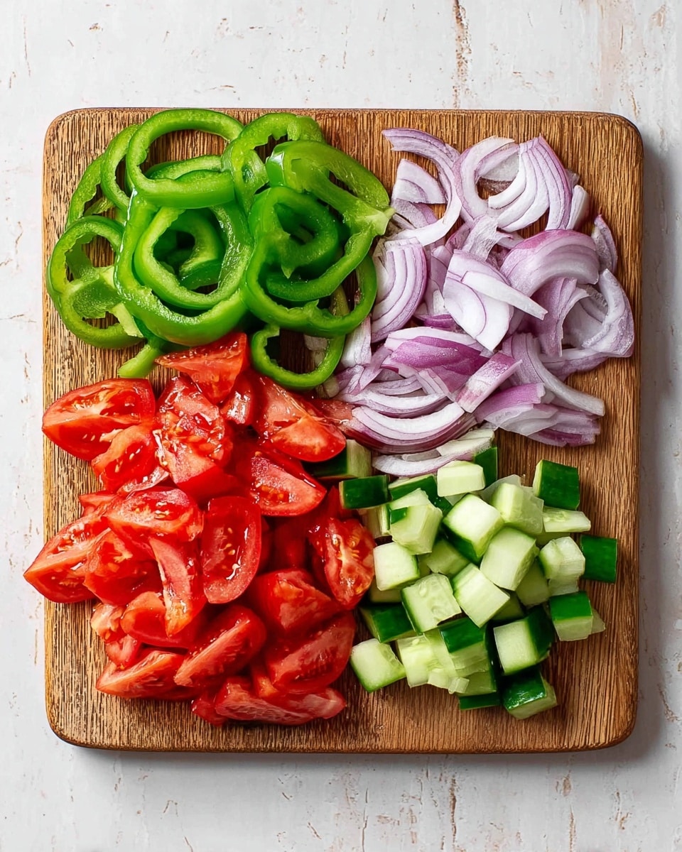 A wooden cutting board placed on a white marbled surface holds four groups of sliced vegetables. At the bottom left, bright red tomato wedges with shiny, juicy flesh are neatly arranged. Above the tomatoes, there are thin green rings of bell pepper, showing their smooth texture and hollow centers. To the right of the green bell pepper slices are thin, curved slices of light purple onion with white layers inside. Below the onion slices, on the bottom right, are small pieces of cucumber with dark green skin and pale green inner flesh, cut into chunky chunks. The arrangement shows a clear separation between each type of vegetable, creating a colorful and fresh display photo taken with an iphone --ar 4:5 --v 7