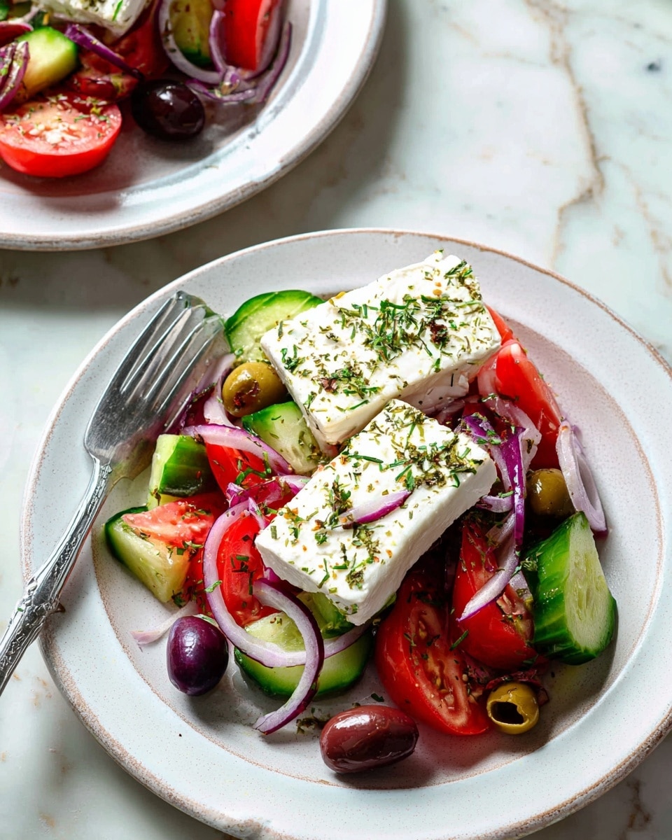 A white plate with a fresh salad made of sliced red tomatoes, green cucumbers, dark purple olives, and thin rings of red onions mixed together. On top of the salad are two thick white blocks of cheese sprinkled with green herbs. A silver fork rests on the left side of the plate. The plate sits on a white marbled surface. In the background, another white plate with the same salad and cheese is partly visible. photo taken with an iphone --ar 4:5 --v 7