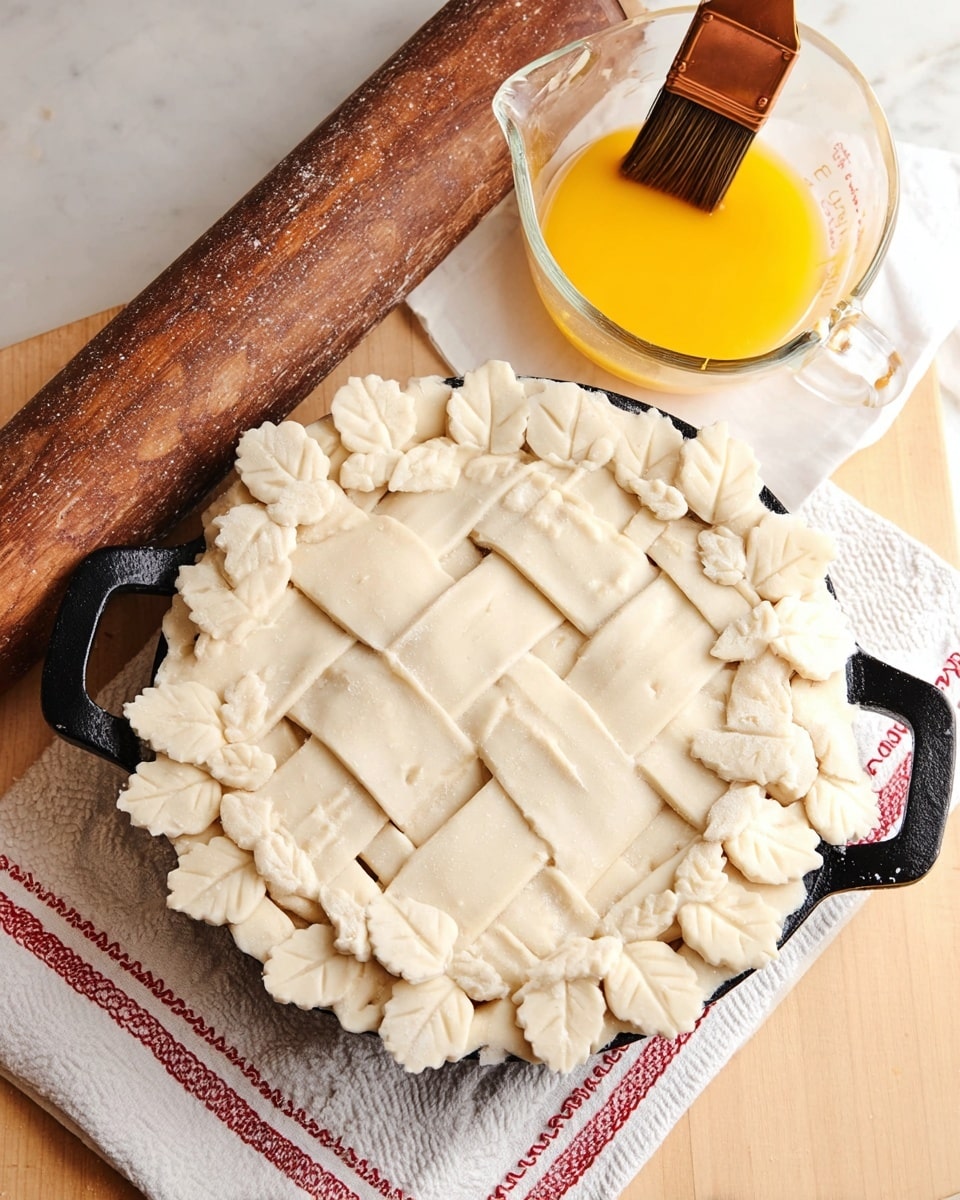 The image shows a raw pie in a black cast iron pan with a lattice top crust made of wide, pale dough strips woven together. The edges are decorated with small, soft dough leaves spaced evenly around the rim and some placed in the center on top. Next to the pan is a glass measuring cup with yellow beaten egg and a wooden brush resting inside. A wooden rolling pin with a worn handle lies partially on a white cloth with red stitching, all set on a light wooden table and a white marbled surface. photo taken with an iphone --ar 4:5 --v 7