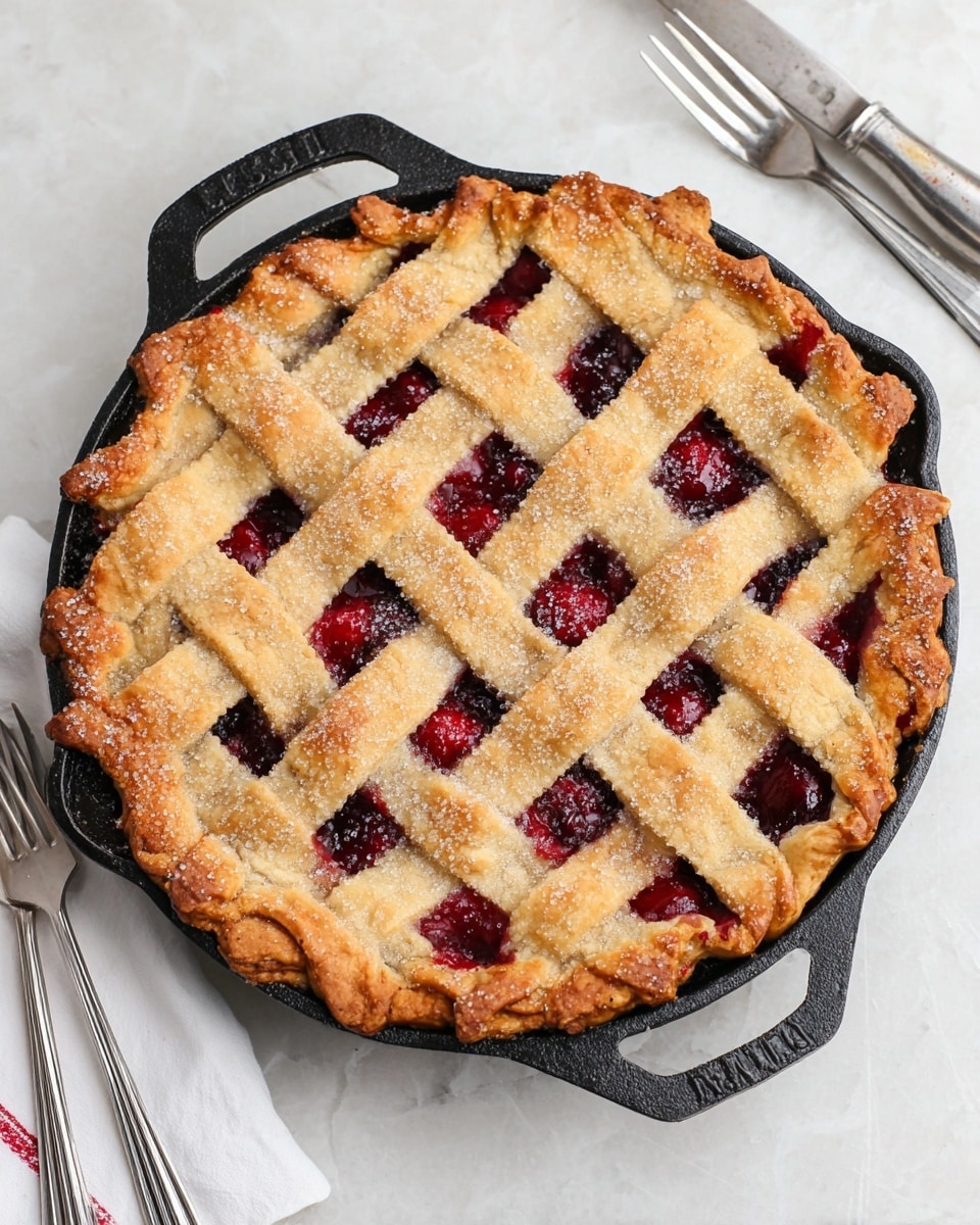 A round pie with a golden brown lattice crust sits in a black cast iron skillet. The crust strips are thick and have a slightly rough, crumbly texture with sugar crystals visible on top. Deep red cherry filling peeks through the gaps in the lattice pattern in small portions, adding bright spots of color. The crust edges are uneven and rustic, overlapping the skillet’s rim. The skillet rests on a white marbled surface with a white napkin partially visible on the side, along with a silver fork and knife nearby. Photo taken with an iphone --ar 4:5 --v 7