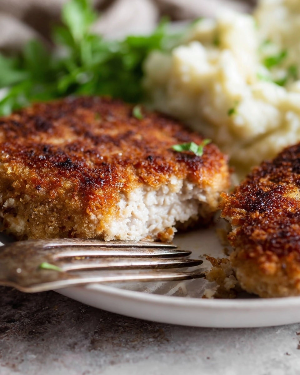 A close-up view of two golden brown breaded patties with a crispy texture on top, one partially cut to show the white layered inside. The patties rest on a white plate next to a soft, creamy white mashed potato side, partially blurred in the background. A vintage fork is placed near the mashed potatoes, and some green leafy herbs are slightly visible at the edge of the frame on a white marbled surface. Photo taken with an iphone --ar 4:5 --v 7