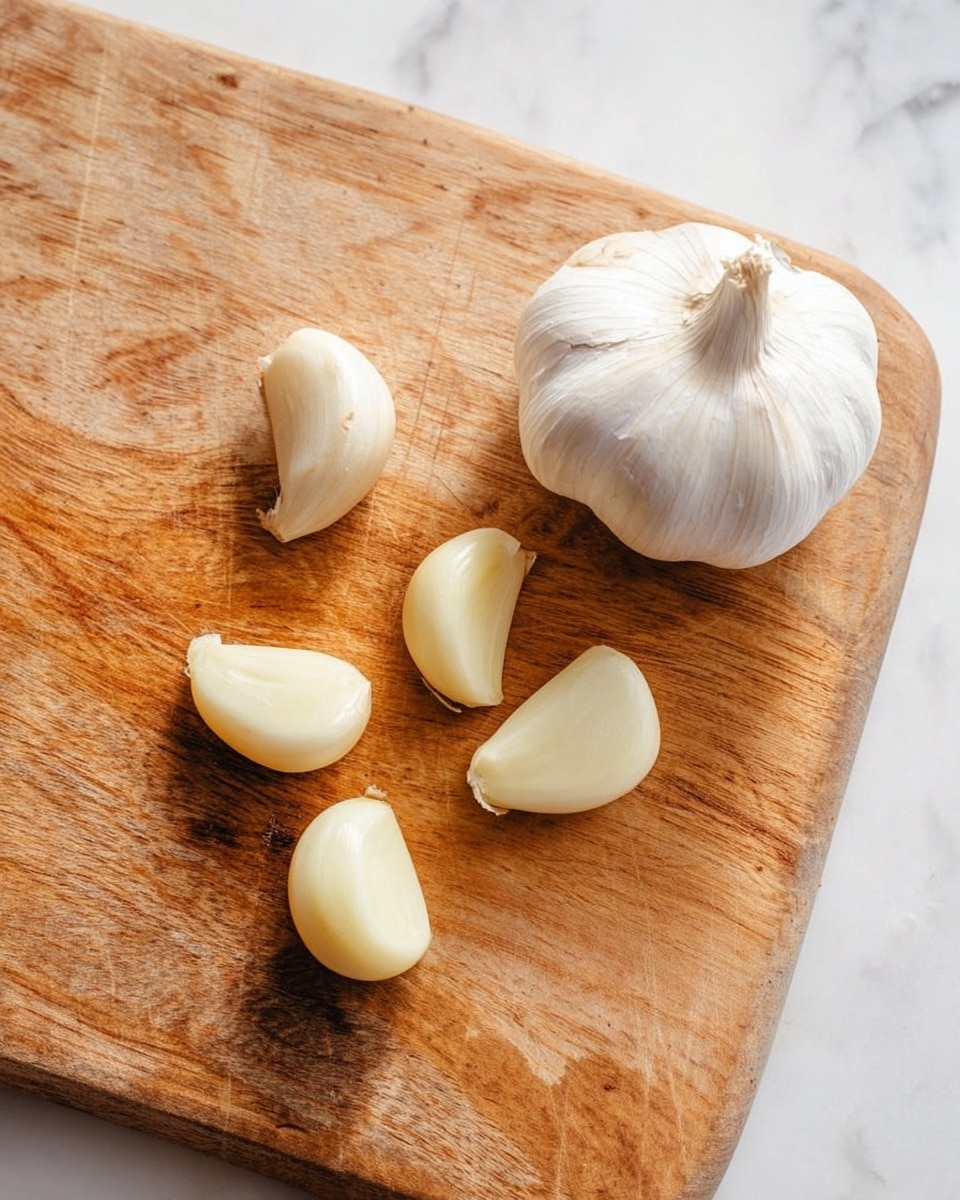 A wooden board with a whole garlic bulb at the top right and five peeled garlic cloves scattered near the center and left side. The garlic bulb is white with a slightly rough texture, and the garlic cloves are smooth and shiny with a pale yellow to off-white color. The wooden board has a natural brown color with visible grain and knife marks. The setting is on a white marbled surface. photo taken with an iphone --ar 4:5 --v 7