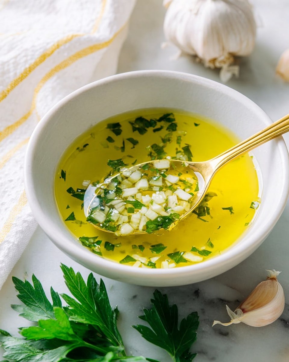 The image shows a white bowl filled with a bright yellow-green liquid layered with small pieces of finely chopped white garlic and green parsley floating on top. A shiny gold spoon is partially dipped into the liquid, resting on the right side of the bowl. Surrounding the bowl are fresh parsley leaves at the bottom and whole garlic bulbs towards the top right. The bowl is placed on a white marbled surface with a white towel featuring light yellow stripes to the left. The lighting highlights the fresh ingredients and the clear, oily texture of the liquid. photo taken with an iphone --ar 4:5 --v 7