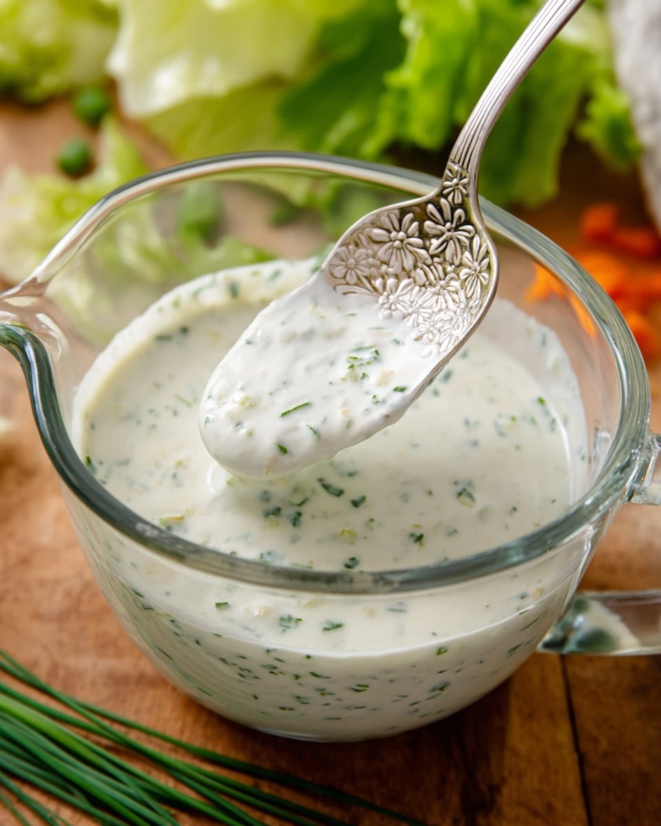 A clear glass measuring cup filled with a creamy white sauce that has small green herb bits mixed in, giving it a textured look. Inside the cup, a silver spoon with a floral pattern holds a close-up scoop of the sauce, showing a thick and slightly chunky texture. Around the cup, there are pieces of light green lettuce and some green chives on a wooden surface, but the main focus is on the sauce and the spoon. photo taken with an iphone --ar 4:5 --v 7