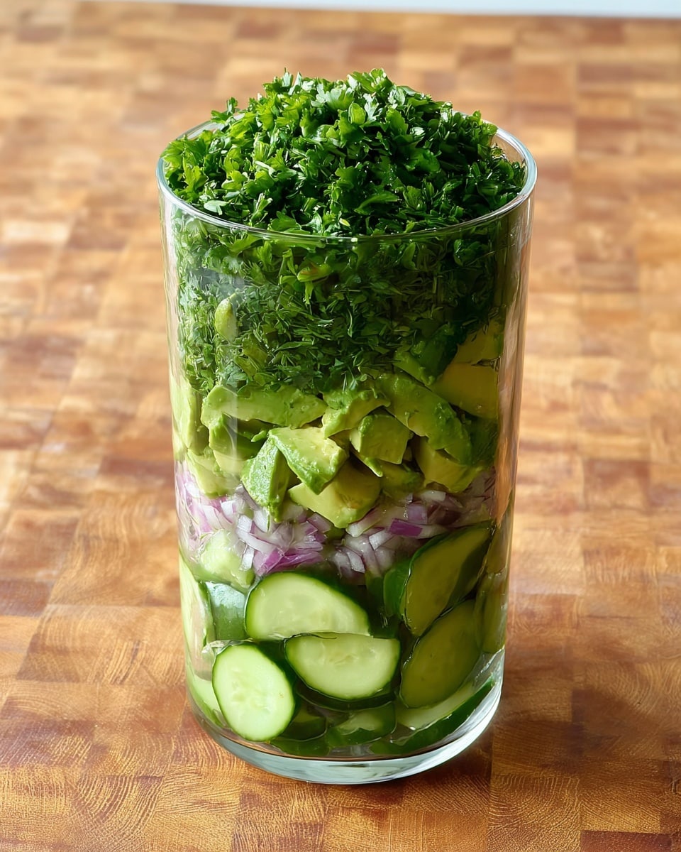 A clear tall glass container filled with four visible layers of fresh green ingredients: at the bottom, light green thinly sliced cucumber rounds fill the space, above them a layer of roughly torn avocado pieces shows a pale green texture, next is a thin layer of pale purple-red onions visible through the glass, and on top a thick, textured layer of finely chopped bright green herbs and scallions covers the container. The container sits on a wooden cutting board background. photo taken with an iphone --ar 4:5 --v 7
