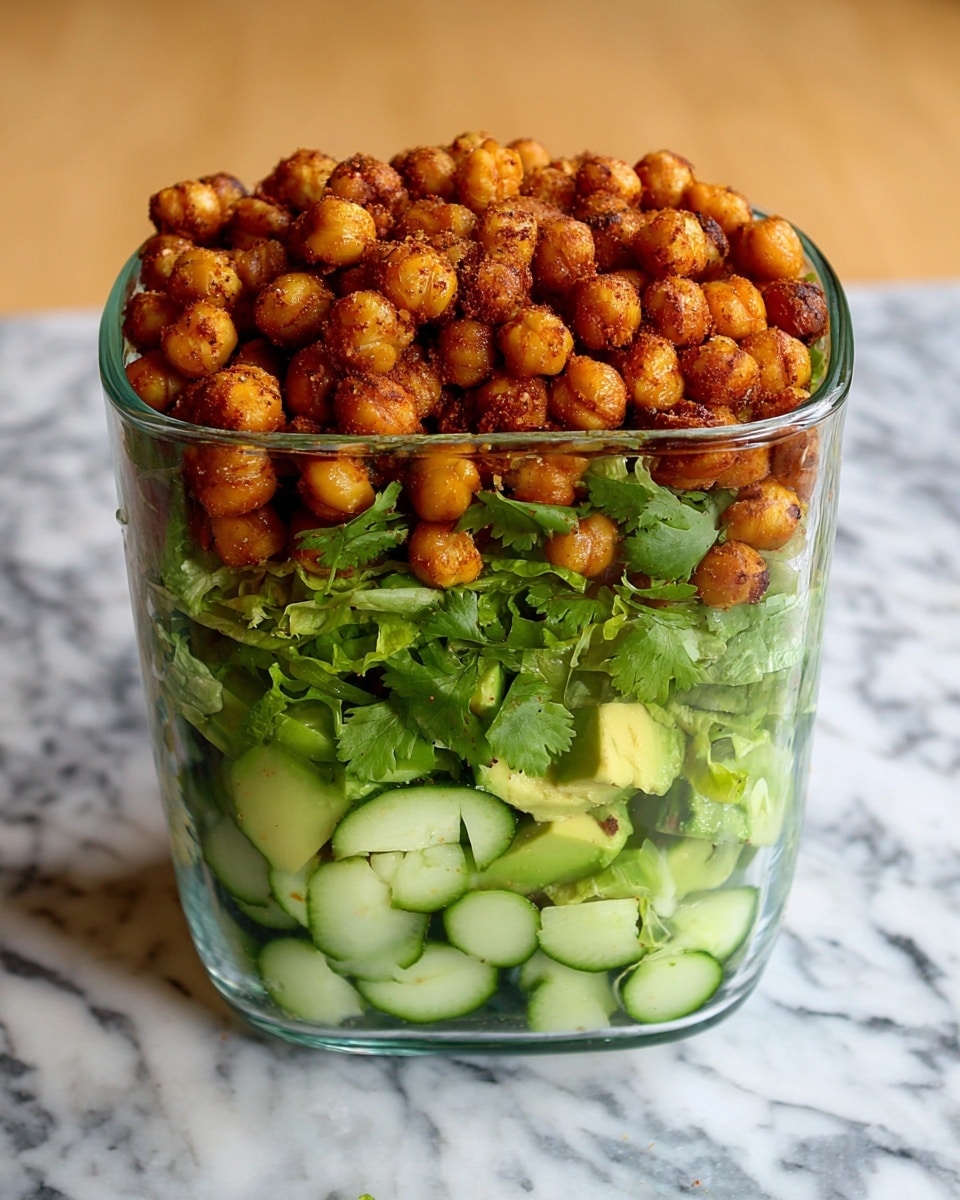 A clear glass container holds a layered salad placed on a white marbled surface. The bottom layer shows thin, light green cucumber slices arranged closely. Above the cucumber, there is a layer of chopped light green avocado pieces. On top of the avocado, there is a generous portion of leafy green lettuce mixed with cilantro. The top layer consists of crispy, golden brown roasted chickpeas, which have a slightly textured, spiced surface. Photo taken with an iphone --ar 4:5 --v 7