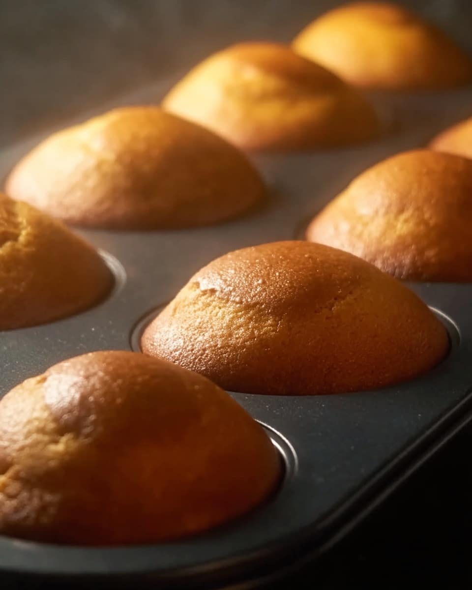 The image shows golden brown baked muffins rising in a dark non-stick muffin pan. Each muffin dome is smooth and shiny with a slight crack on the top surface, indicating warmth and softness inside. The muffins fill the pan's round cavities fully and shine in the warm light, reflecting a cozy baking scene. The background has a soft blur, keeping focus on the muffins baking evenly. photo taken with an iphone --ar 4:5 --v 7
