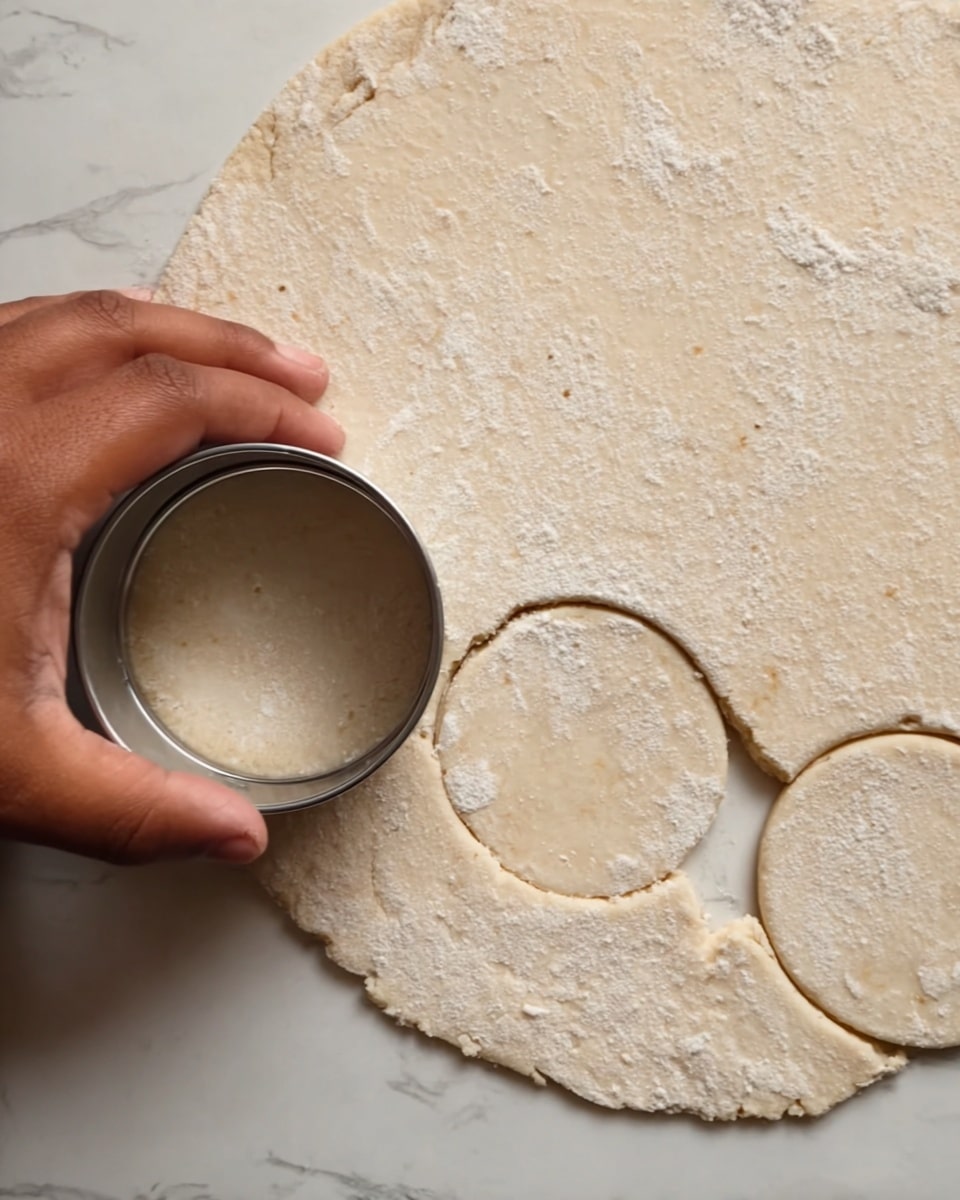 A close-up scene shows a white marbled surface with a thin, round sheet of dough spread out on it. A woman's hand holds a round metal cutter, pressing it into the dough to create circular shapes. The dough is light beige with a slightly powdery texture, and two circular cut-outs are visible on the dough sheet. The edge of the dough is rough and uneven in shape, and another woman's hand gently holds the dough steady on the left side. Photo taken with an iphone --ar 4:5 --v 7