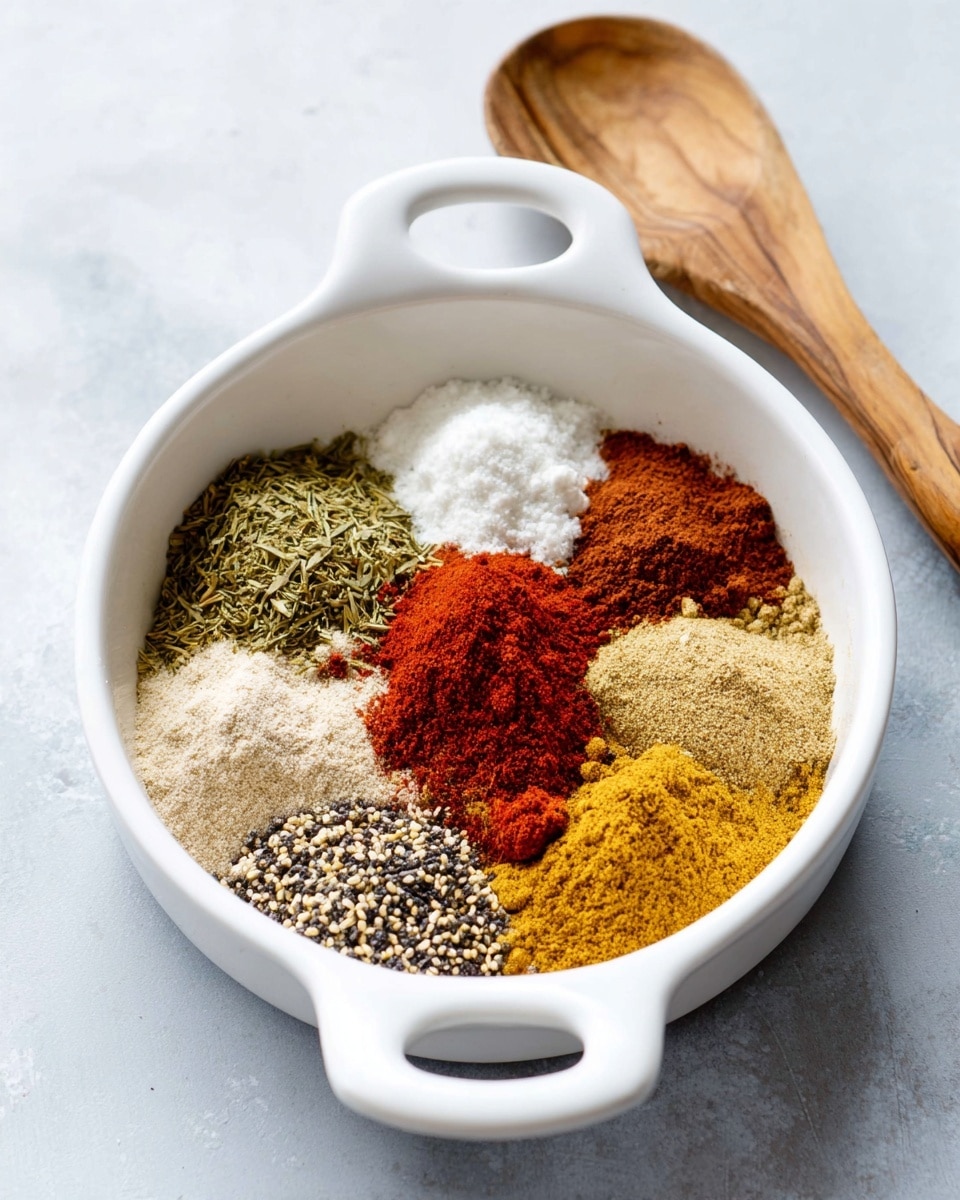A white dish with two handles holds nine different spices arranged closely together in small piles. The spices vary in color and texture, including a green dried herb on the top left, a white powder behind it, a bright red powder next to it, a yellowish powder on the bottom right, a darker brown powder next to it, a tan powder below the red one, an orange-brown powder left of the tan, a light beige powder next to it, and a coarse black and white mix near the front bottom. A wooden spoon lies behind the dish on a white marbled surface. Photo taken with an iphone --ar 4:5 --v 7