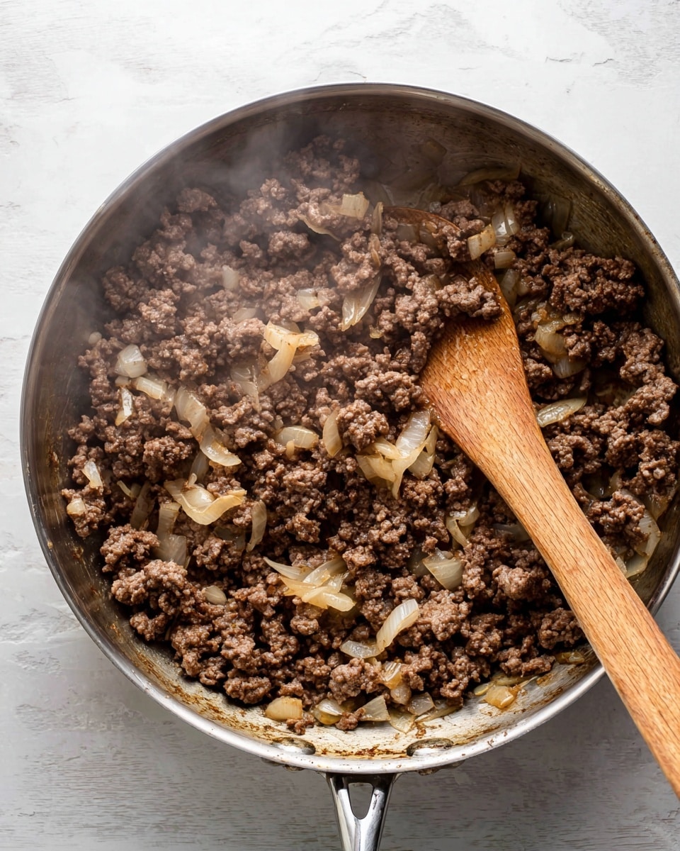 Inside a large round metal pan, there is one visible layer of cooked ground meat mixed with small, soft pieces of cooked onion. The meat is brown and crumbly, and the onions are translucent with a slightly golden color. A wooden spoon with a long handle is resting inside the pan on the meat, slightly angled to the right. The pan is placed on a white marbled surface. Steam rises softly from the hot food. photo taken with an iphone --ar 4:5 --v 7