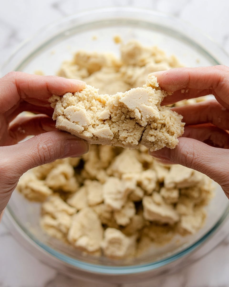 A close-up view shows two fingers gently pulling apart a crumbly, light beige dough with a coarse, grainy texture. The dough looks soft and dry, breaking into uneven pieces. In the background, more chunks of the same dough fill a clear glass bowl sitting on a white marbled surface, with soft natural light highlighting the rough texture of the dough. photo taken with an iphone --ar 4:5 --v 7