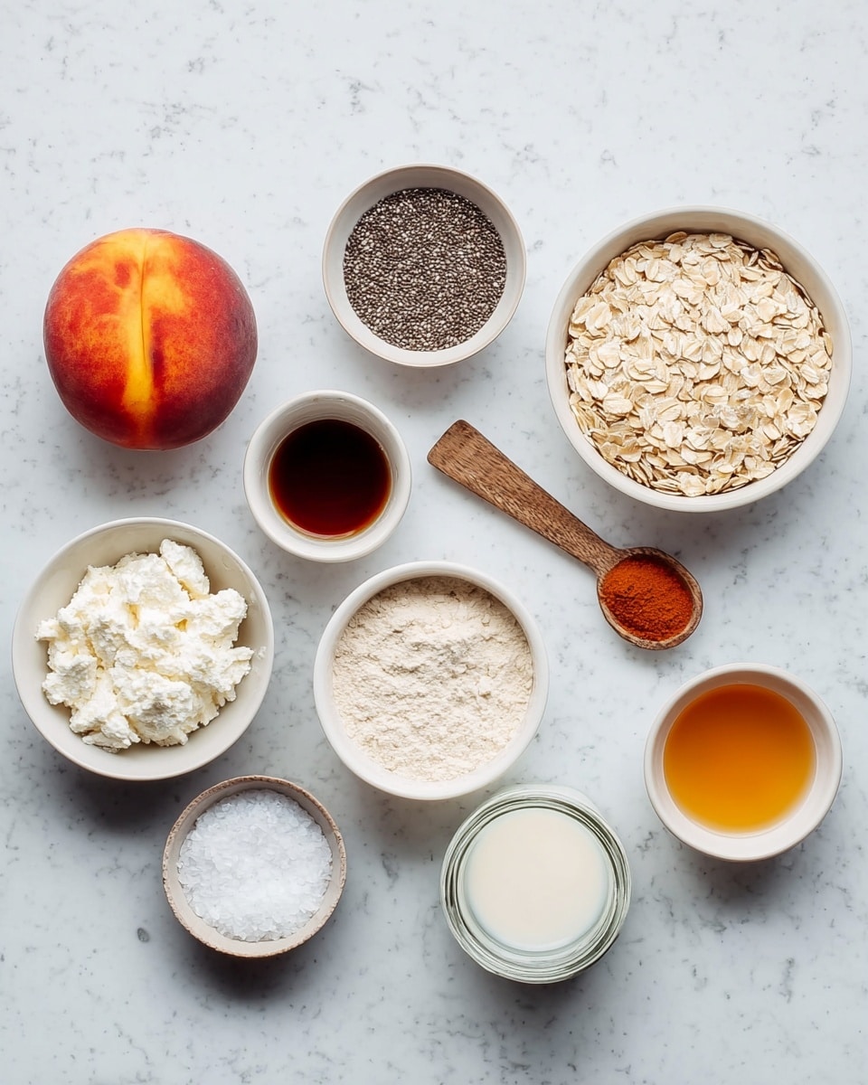The image shows an arrangement of ingredients on a white marbled surface. There is a whole peach with a reddish-orange color on the far left. Surrounding it are nine small white bowls and a small jar: the top row has three bowls containing a dark brown liquid, black chia seeds, and light beige rolled oats. To the right is a small spoon with a wooden handle holding a reddish-brown powder. The middle row has a bowl filled with white cottage cheese, a bowl of pale yellow flour, and another bowl with a dark amber liquid. The bottom row features a small glass jar of white milk and a small bowl filled with coarse white salt. The setup is neat, ingredients are clearly separated, and the photo taken with an iphone --ar 4:5 --v 7