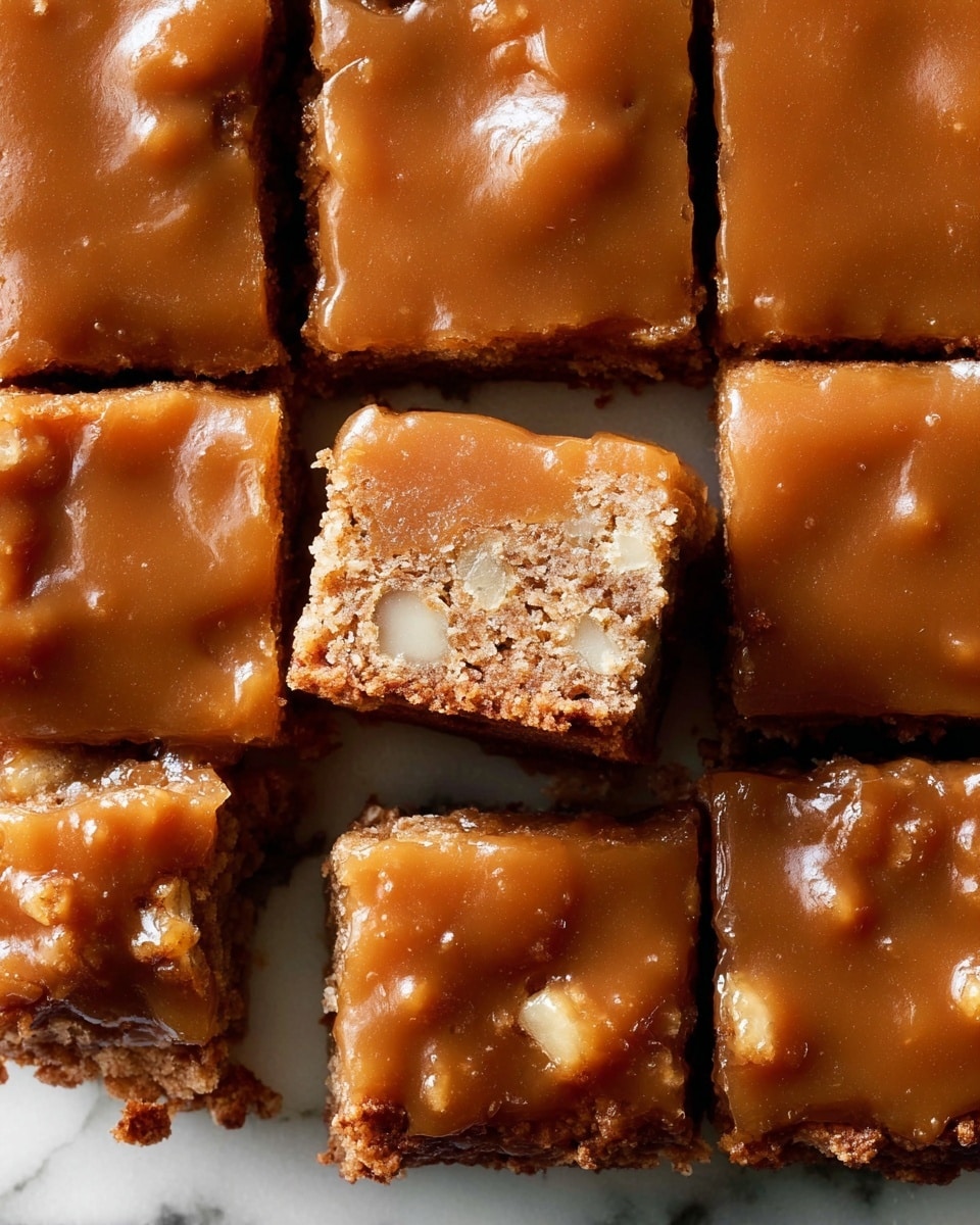 The image shows a close-up view of nine small square cake pieces arranged in a grid on a white marbled surface. Each cake piece has two visible layers: a light brown crumbly bottom layer with small pale chunks inside, likely fruit pieces, and a thick, smooth caramel-brown glaze covering the top layer that looks shiny and slightly sticky. One square piece near the bottom left is slightly pulled out and tilted, revealing the soft, textured cake underneath and the dense layer of caramel glaze above it. The surface of the glaze has a few minor cracks and glossy spots. photo taken with an iphone --ar 4:5 --v 7