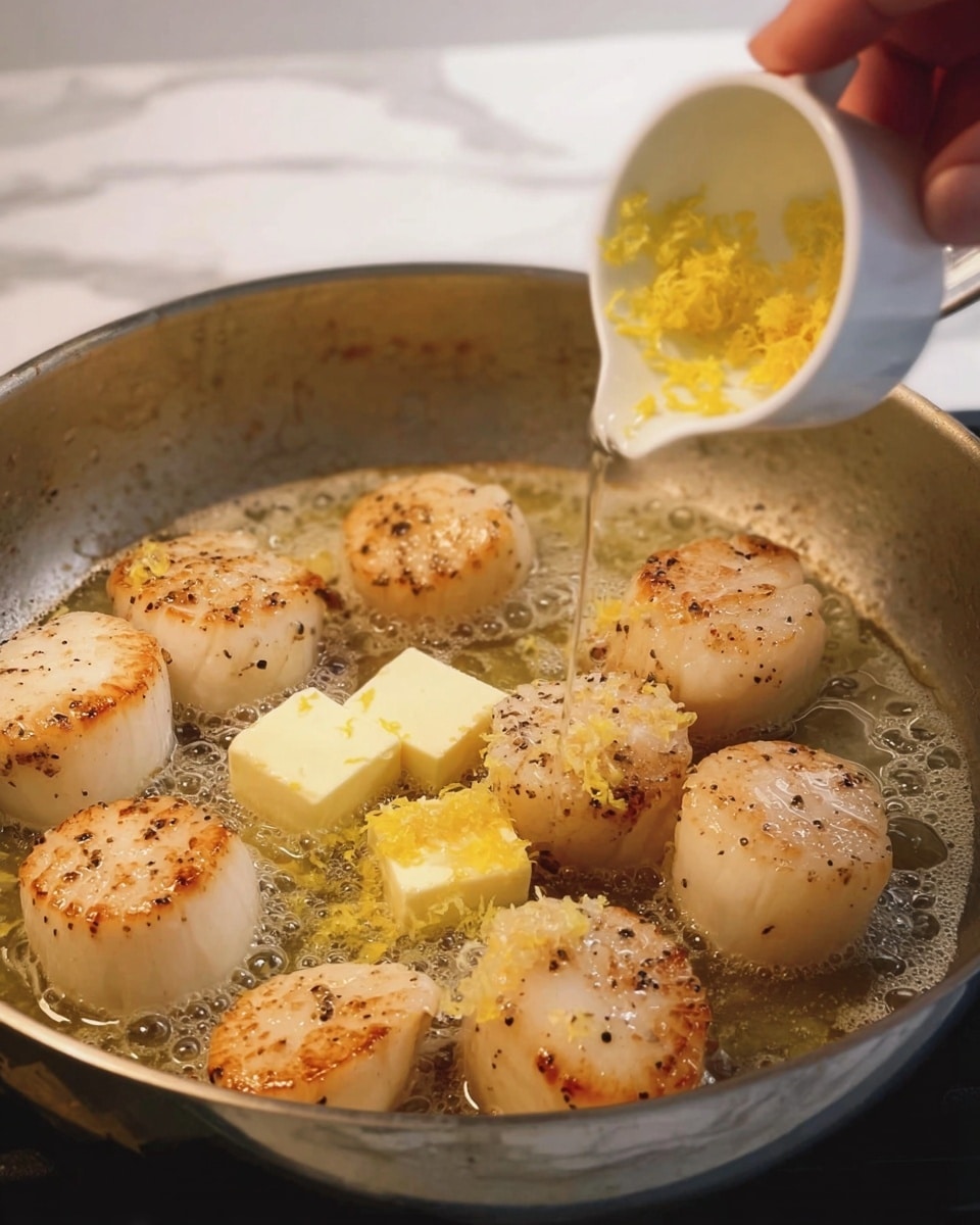 The image shows a close-up of a metal pan on a white marbled surface with several golden-brown scallops cooking in melted butter. The scallops have a light sear with specks of black pepper on their round, creamy bodies. In the pan among the scallops, there are three small cubes of yellow butter melting and bubbling. Above the pan, a woman's hand holds a small white ceramic cup, pouring what looks like grated yellow lemon zest into the pan, adding a touch of bright color and texture contrast. The scene captures the moment of cooking with warm, rich tones and a focus on the food’s texture and color. photo taken with an iphone --ar 4:5 --v 7