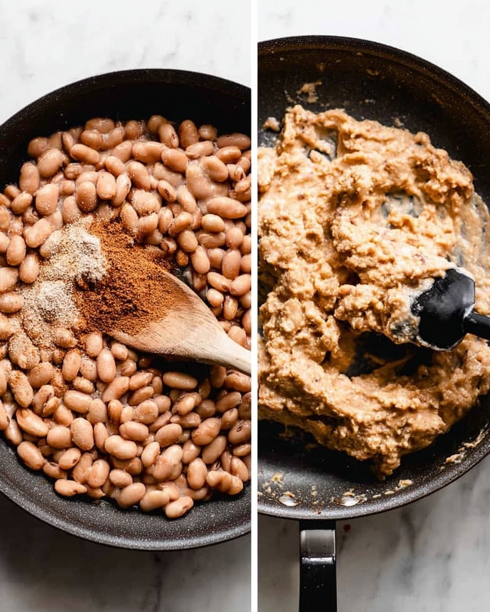 The image shows two scenes of cooking beans in a black pan placed on a white marbled surface. On the left, cooked light brown beans fill the pan, with a wooden spoon stirring them. There is a sprinkle of brown spice on top, adding texture. On the right, the cooked beans are being mashed in the same black pan, showing a creamy, chunky beige mixture with some whole beans still visible, stirred by a black utensil. Both shots emphasize the smooth and solid textures of the beans. Photo taken with an iphone --ar 4:5 --v 7