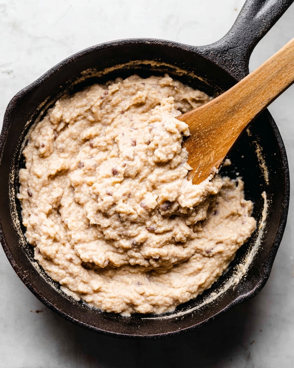 A close-up view of a black cast iron pan filled with creamy mashed beans, showing a thick, uneven texture with visible small chunks. A wooden spoon with a smooth, rounded head is partially submerged in the mixture, resting at an angle inside the pan. The background is a white marbled surface, adding contrast to the dark pan and light beige beans. The mixture looks soft and dense, with a matte finish and scattered darker bean pieces throughout photo taken with an iphone --ar 4:5 --v 7